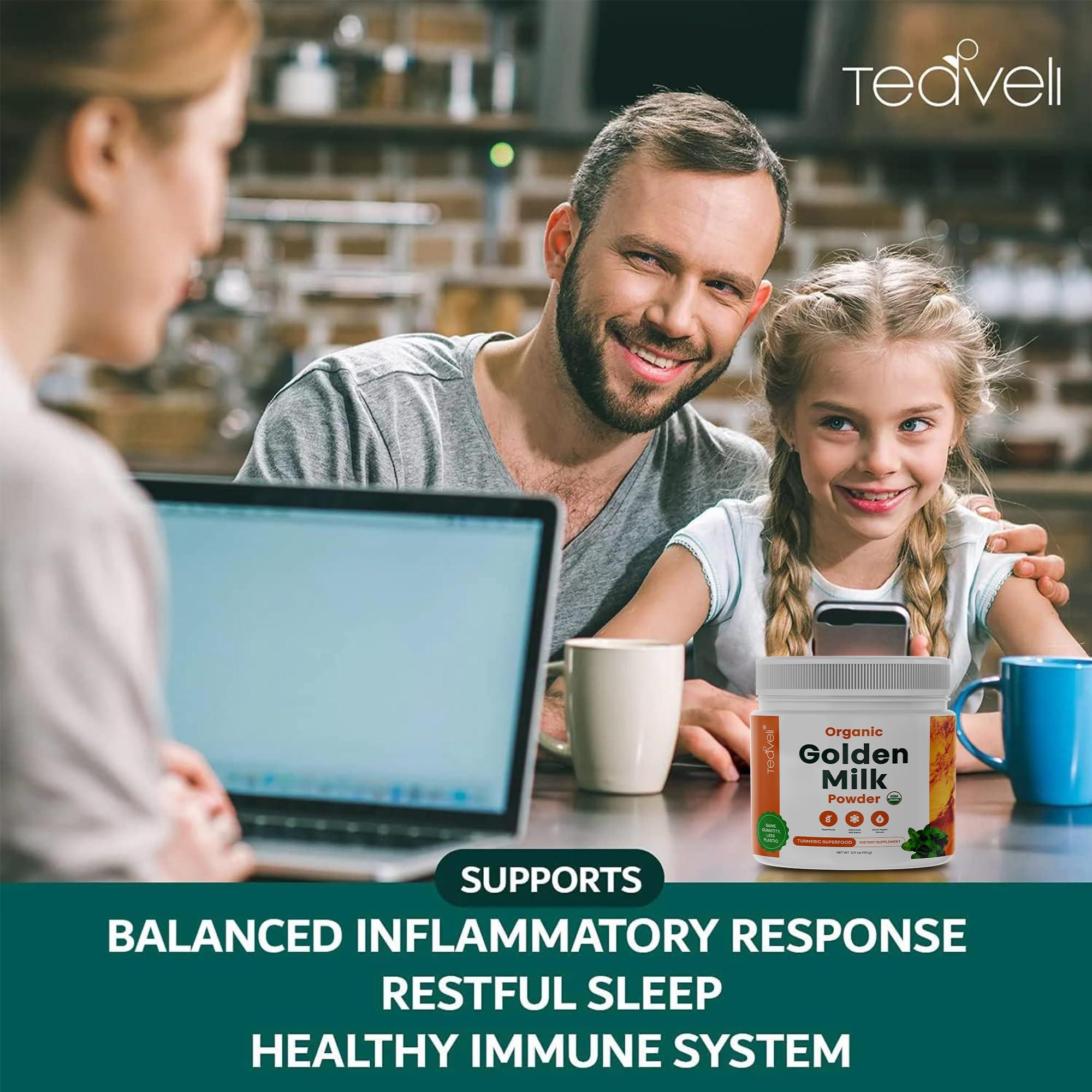 Teaveli Organic Golden Milk Powder (Leche Dorada organica) with Turmeric, Ginger, Curcumin, Cinnamon, KSM66 Ashwagandha, Tulsi & Natural Prebiotics Delicious Vegan-Friendly, Unsweetened Turmeric Tea Latte