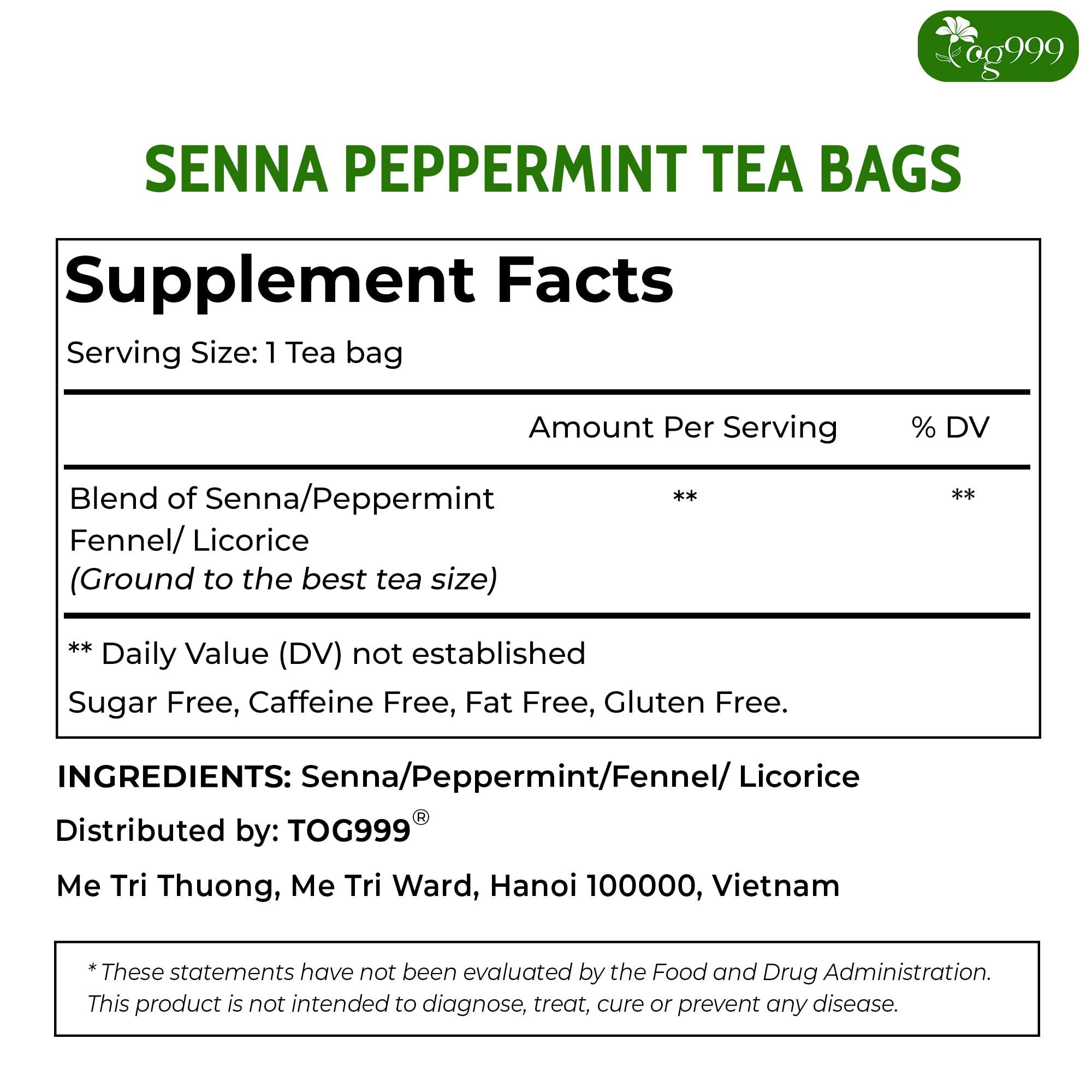 TOG999 100 Tea Bags Relieves Constipation Natural Tea, Blend of Senna Leaves - Peppermint - Licorice - Fennel, 100% Natural Ingrendients, Hand-made Herbal Tea, No Sugar, No Caffeine, No Gluten, Vegan.