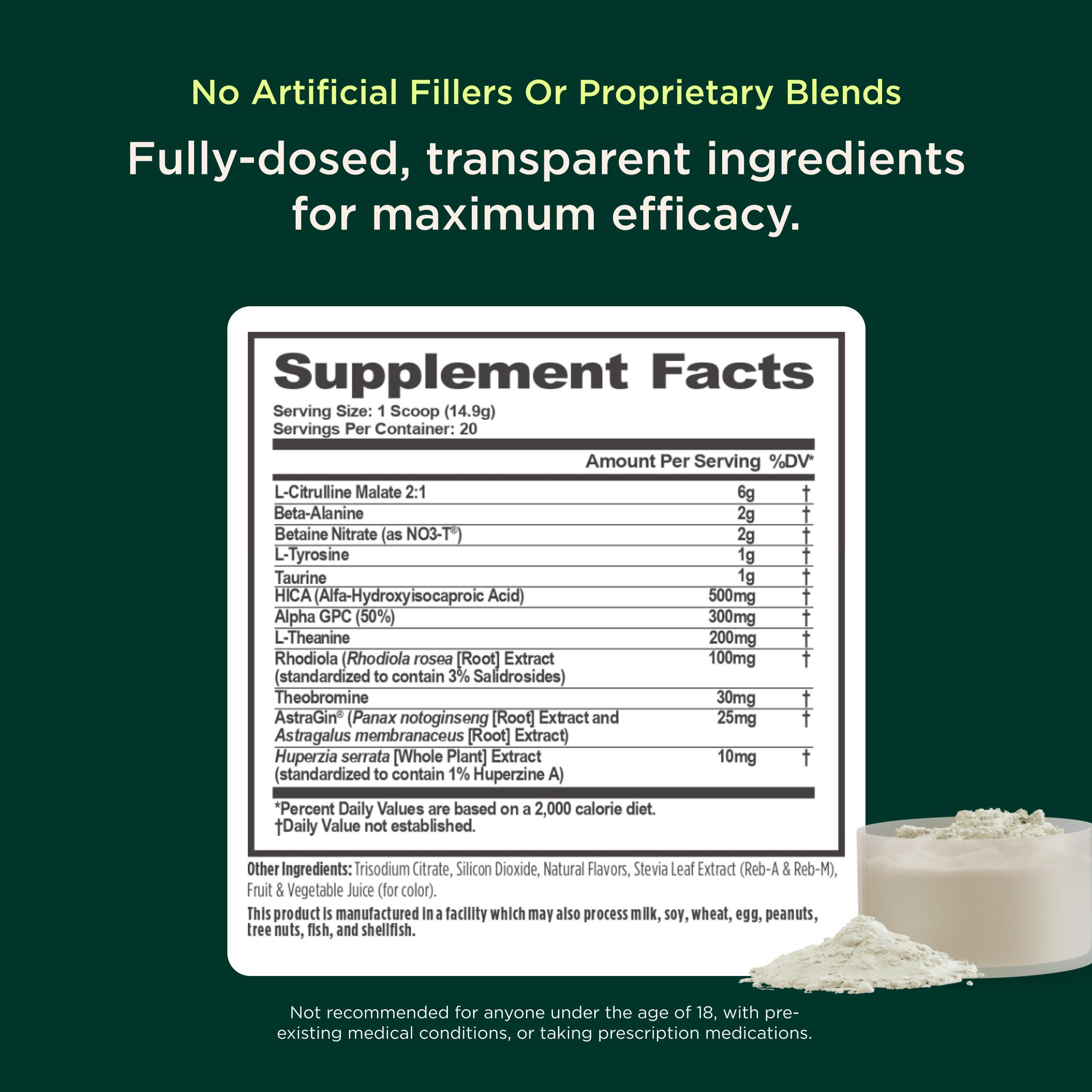 The Genius Brand Genius Energized Pre Workout Powder, Sour Cherry - Caffeine Free Pre-Workout Booster Supplement with Beta Alanine & Alpha GPC - No Artificial Sweetener or Dyes