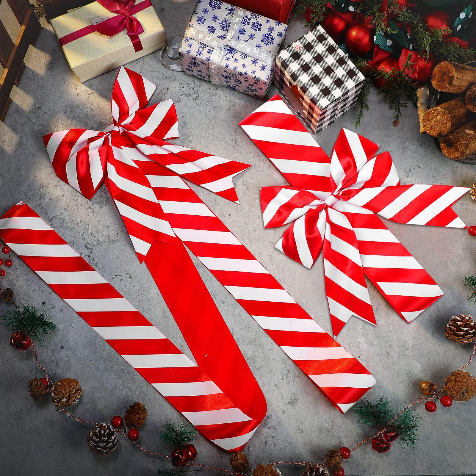 WILLBOND WILLBOND 8 Pieces Christmas Cabinet Ribbons Bows Large Christmas Door Ribbon Cabinet Bows for Christmas Party Supplies(Red and White,Stripe)