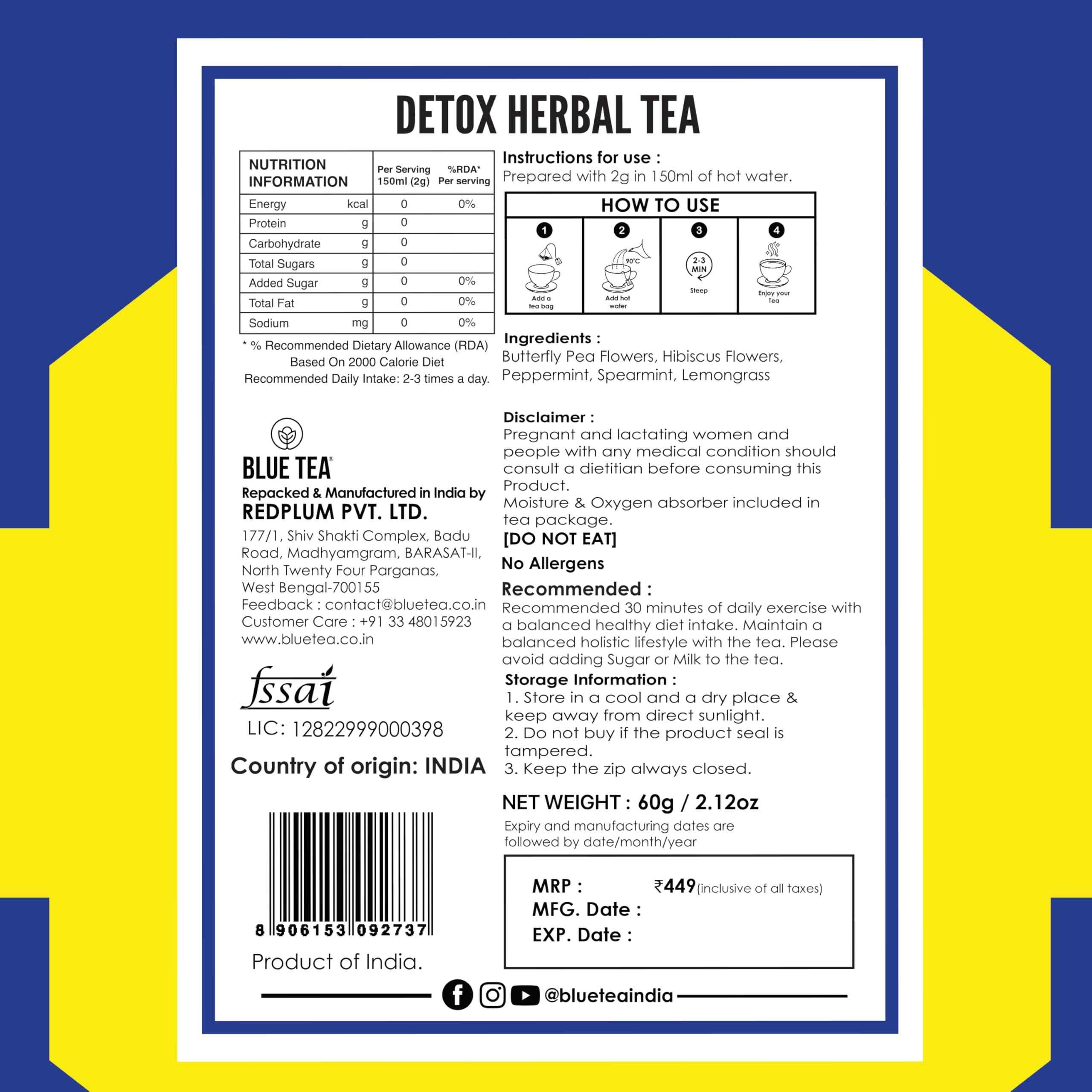 BLUE TEA BLUE TEA - Detox Herbal Tea - 30 Tea Bags - Plant Based | Butterfly Pea Flower - Hibiscus - Mint - Lemongrass | Improves Digestion - Detoxification | Caffeine Free - Vegan - Gluten Free | Ziplock Pack