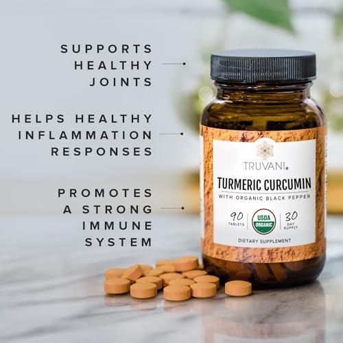 Truvani Truvani Organic Turmeric Curcumin Tablets 1,350 mg Each - Natural Joint Support with Black Pepper for Absorption - 90 Tablets