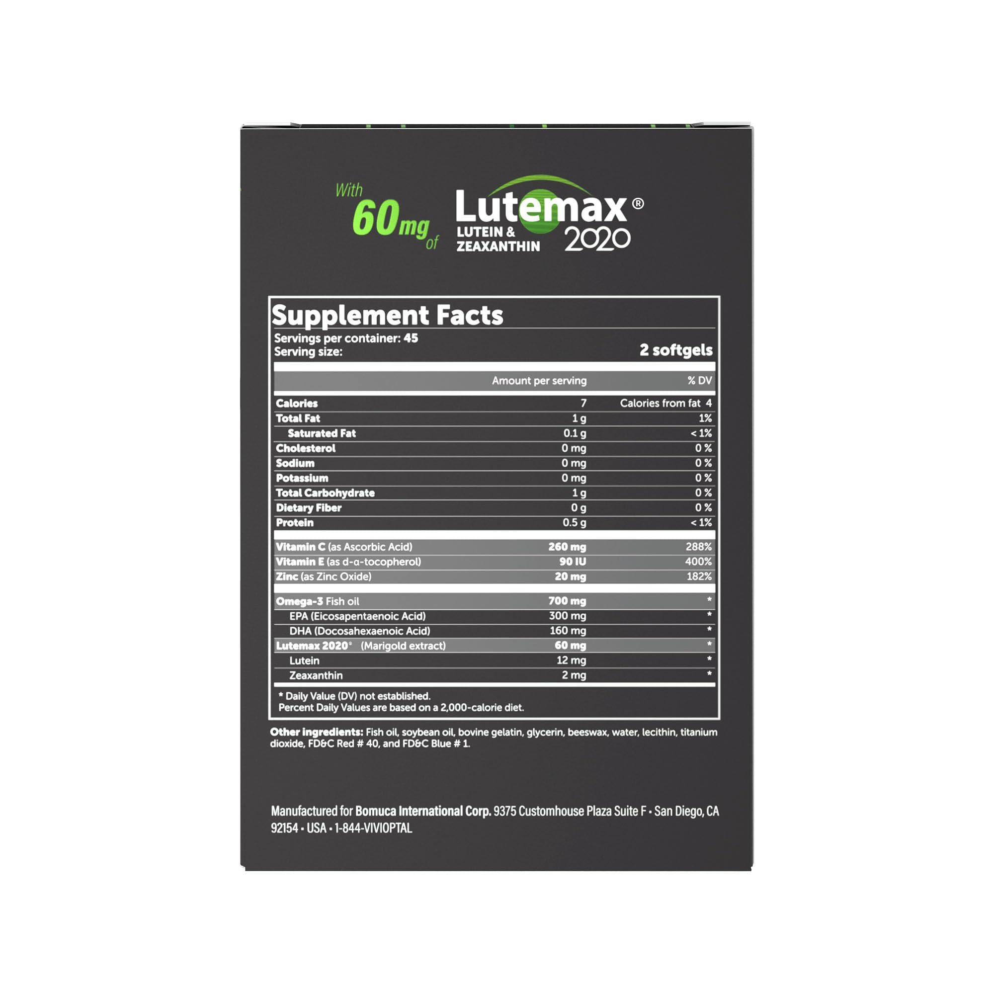 Vivioptal Vivioptal Lux, 90 Softgels, Adult Vitamins, Improve Visual Performance, Omega 3, Zinc, and Vitamin C & E, Multivitamin & Multimineral, Gluten Free, German Formula