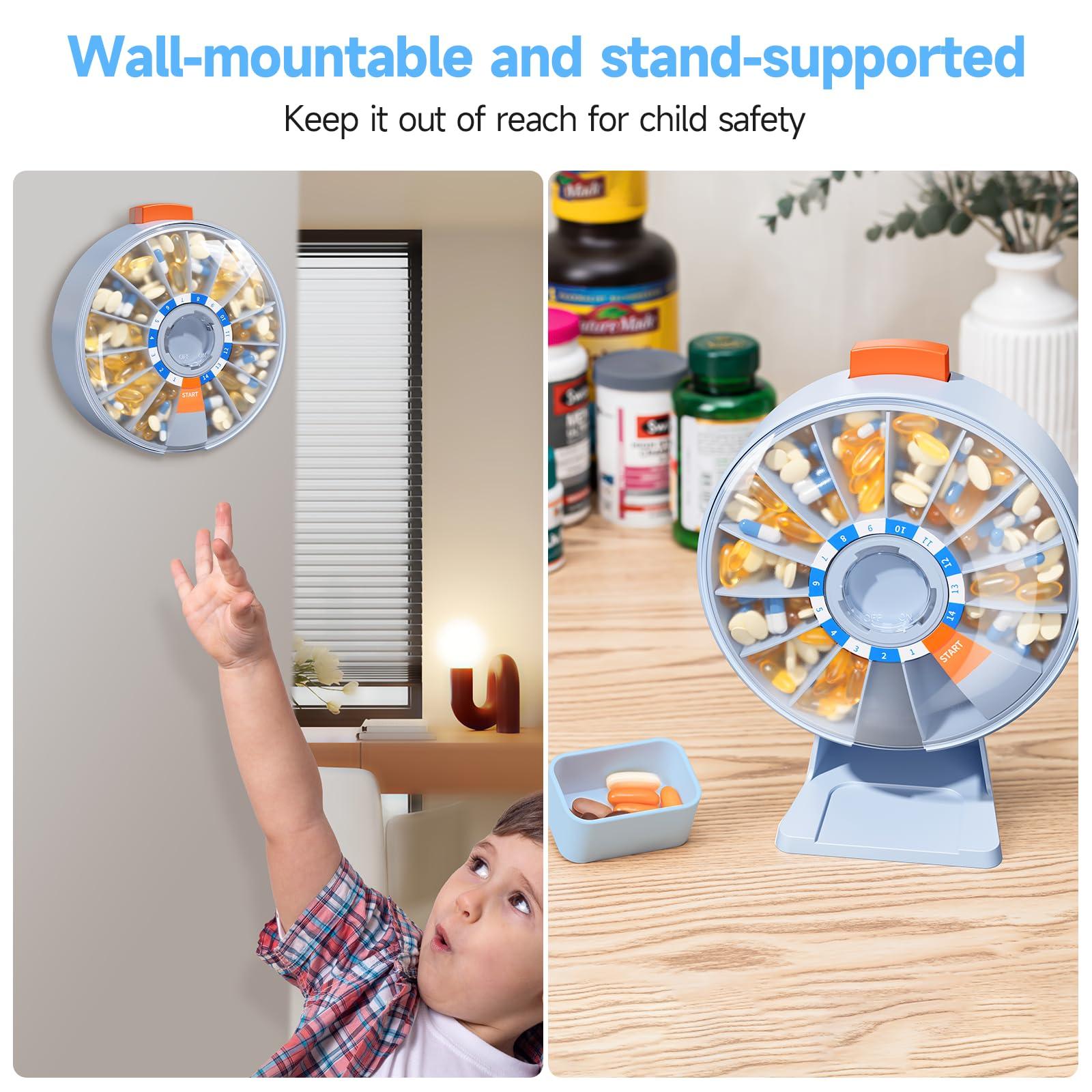 Daviky Daviky Pill Dispenser Daily, Large Pill Organizer with Wall-Mounted or Standing Use, 14 Days Pill Container, Push Button Design, Weekly Pill Box for Vitamin, Medicine,Supplement, Fish Oil(Blue)