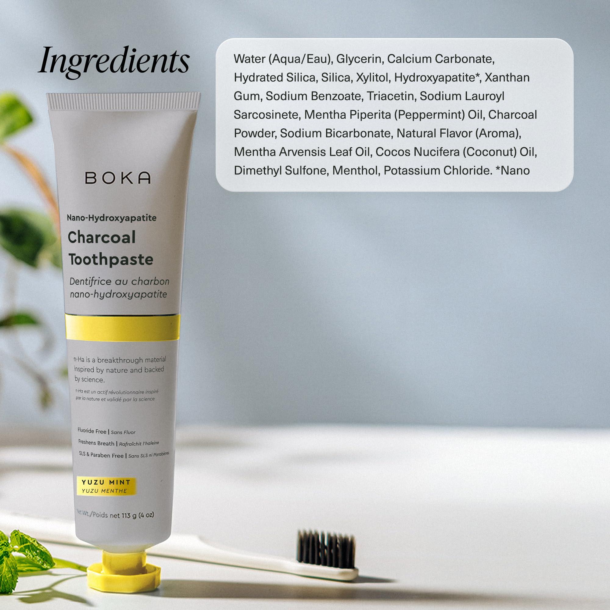 Boka Boka Charcoal Fluoride Free Toothpaste Nano Hydroxyapatite, Helps Remineralize, Appropriate for Sensitive Teeth, Whitening - for Adult, Kids Oral Care - Yuzu Mint Flavor, 4 Fl Oz 3Pk