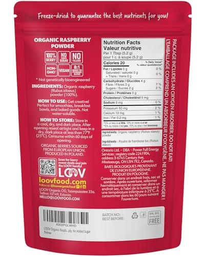 LOOV Organic Raspberry Powder, from Freeze-Dried European Raspberries, 6 Oz, Raw, 24-Day Supply, No Added Sugar