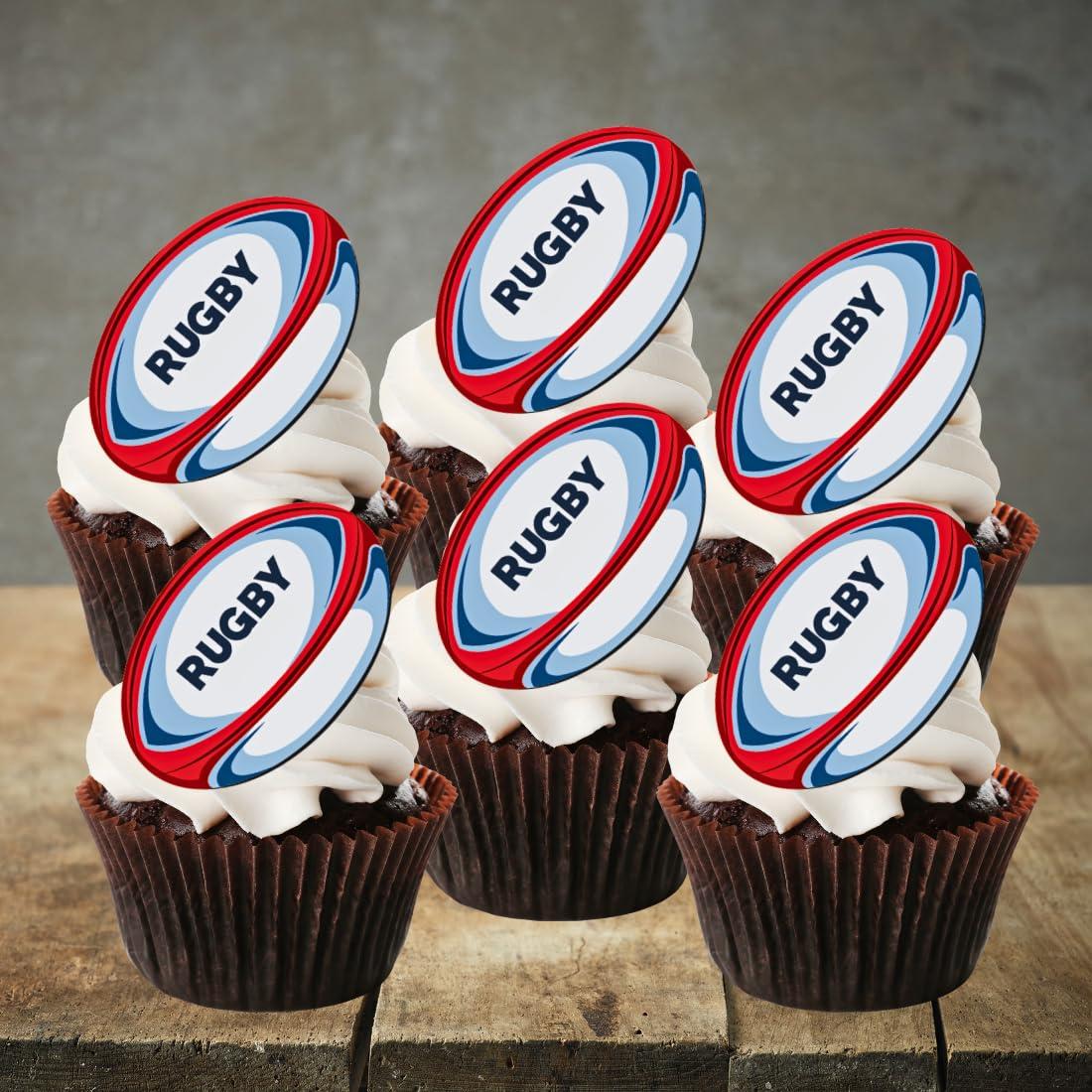 PRECUT Rugby Cupcake Toppers Theme 1, Rugby Ball Edible Football Cake