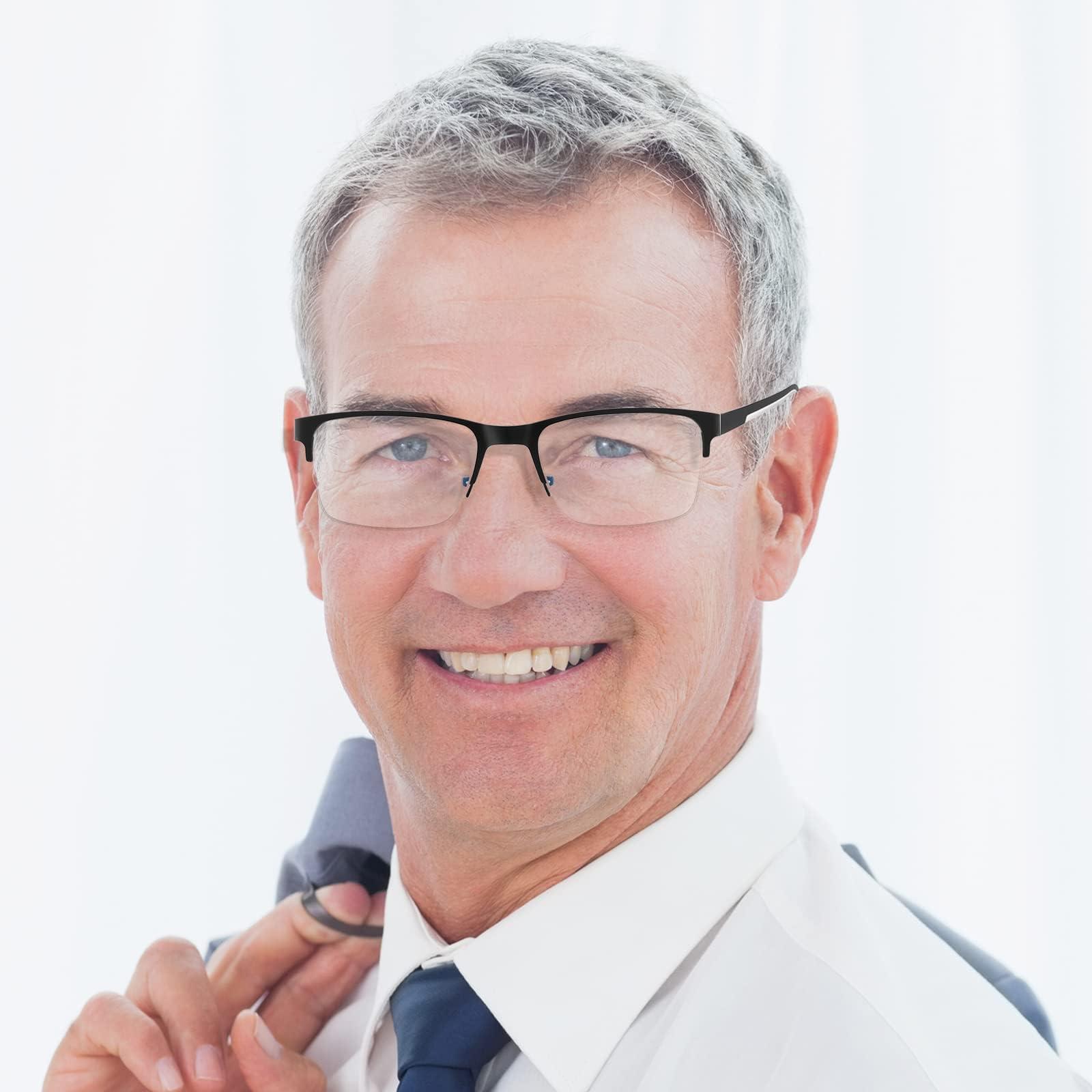 SUNAMOY Multifocus Reading Glasses Men Progressive Multifocal Blue Light Computer Reader Half Frame Metal Extra Wide Eyeglasses No Line Bifocals Large Designer Cheaters Transition Square Eyewear 2packs 1.25