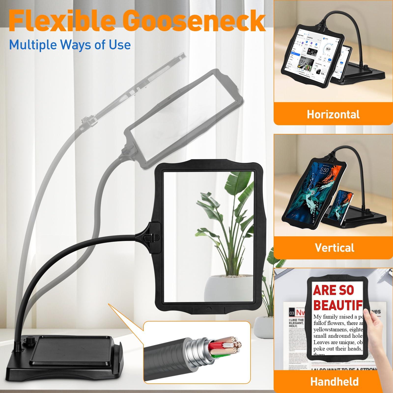 NUEYiO 10X Rechargeable Full Page Magnifier for Reading, NUEYiO 10.6*7.8\" Large Handheld Magnifying Glass with Light and Stand, 50 LED Lights & 3-IN-1 Gooseneck Magnifying Lamp for Seniors Close Work Craft