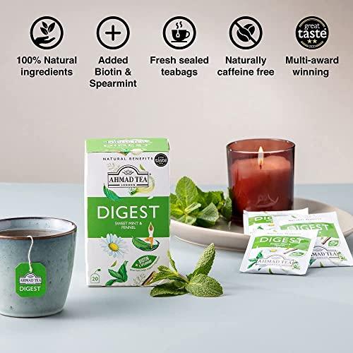 Ahmad Tea Ahmad Tea Herbal Tea, Sweet Mint, Fennel & Biotin \'Digest\' Natural Benefits Teabags, 20 ct (Pack of 6) - Decaffeinated & Sugar-Free