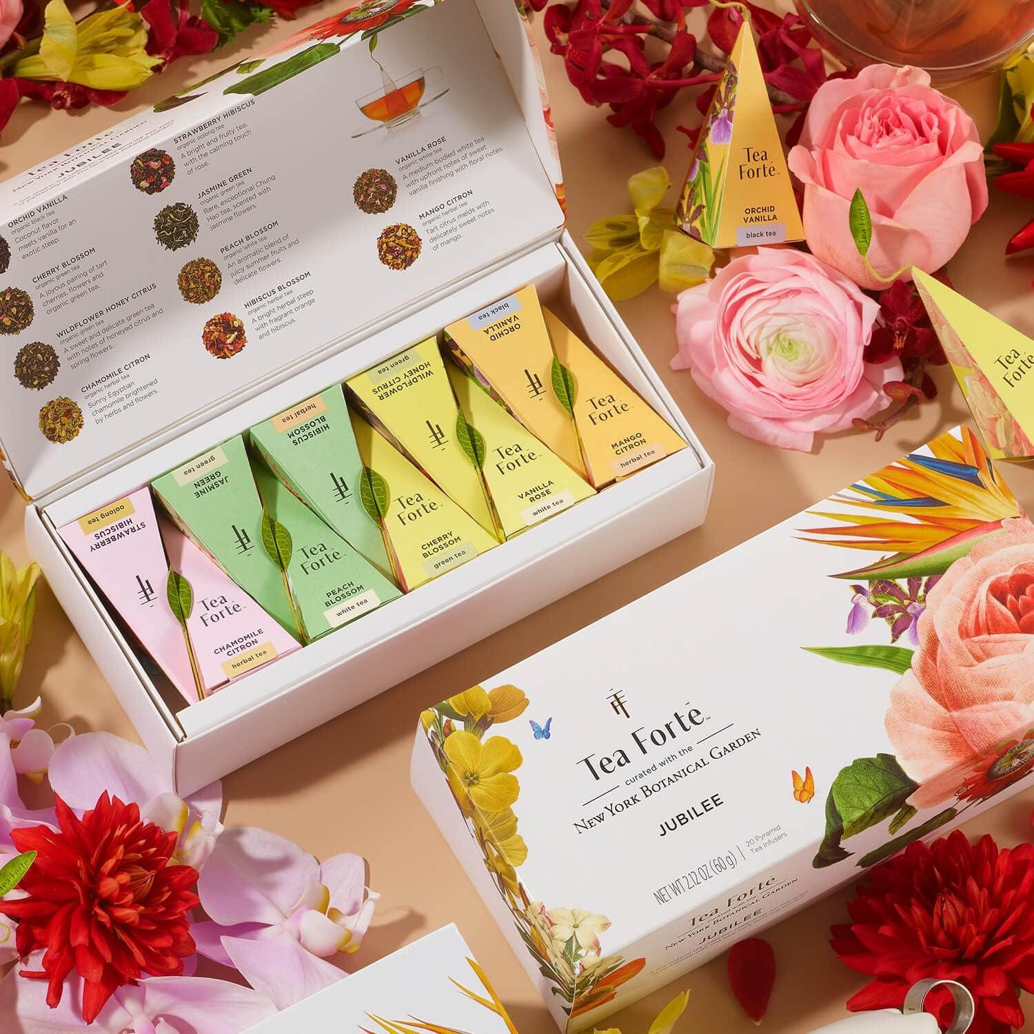 Tea Forte Tea Forte, Jubilee Presentation Sampler Gift Box, Pyramid Infusers With Organic Loose Leaf, Green, Black, White, Herbal Assorted Tea, 1 Count (Pack of 20)