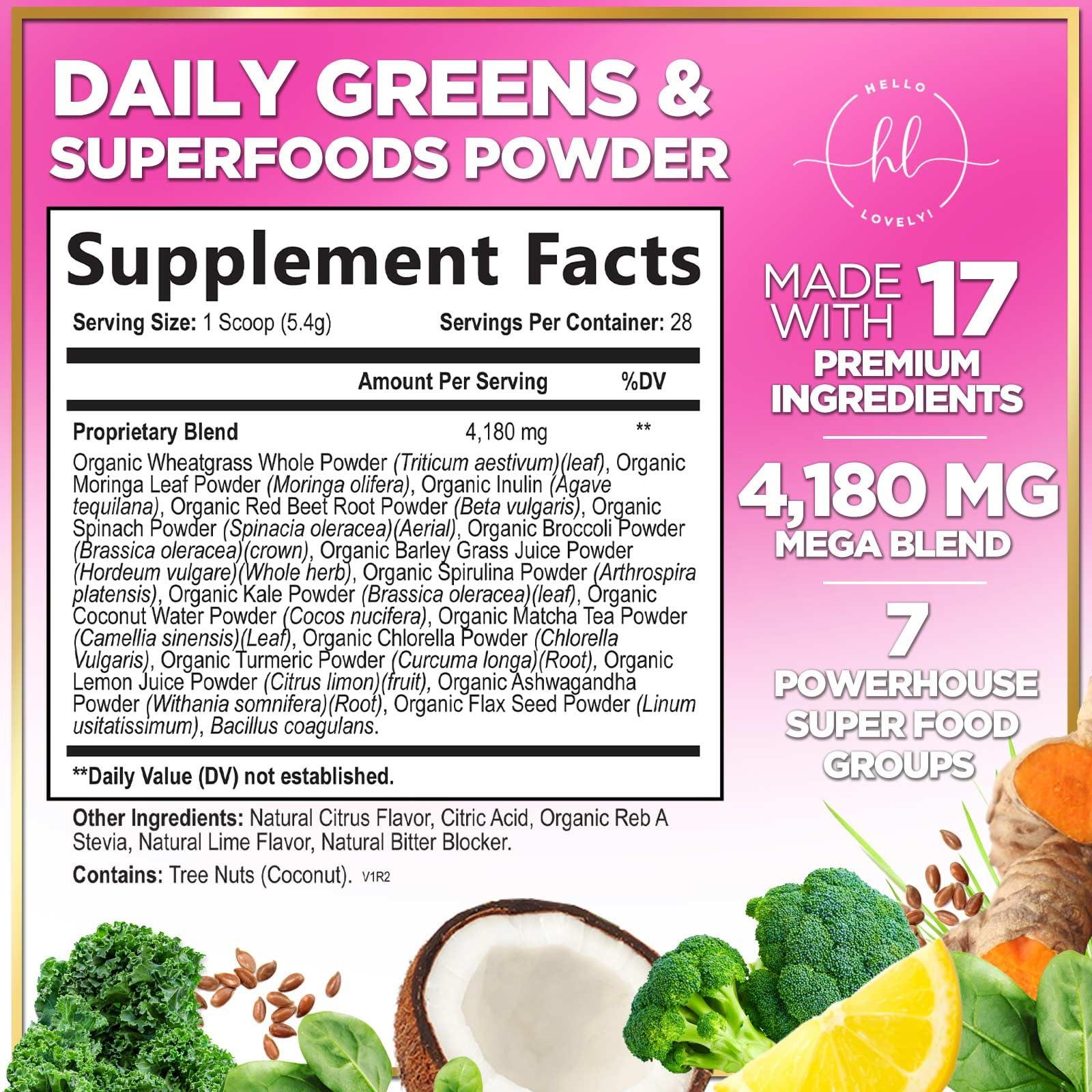 Hello Lovely! Green Powder Superfood, Organic Super Greens Powder Juice & Smoothie Drink Mix, Gut Health & Bloating Support, Probiotics, Spirulina, Chlorella & Beet Root for Digestive & Energy Support - 28 Servings
