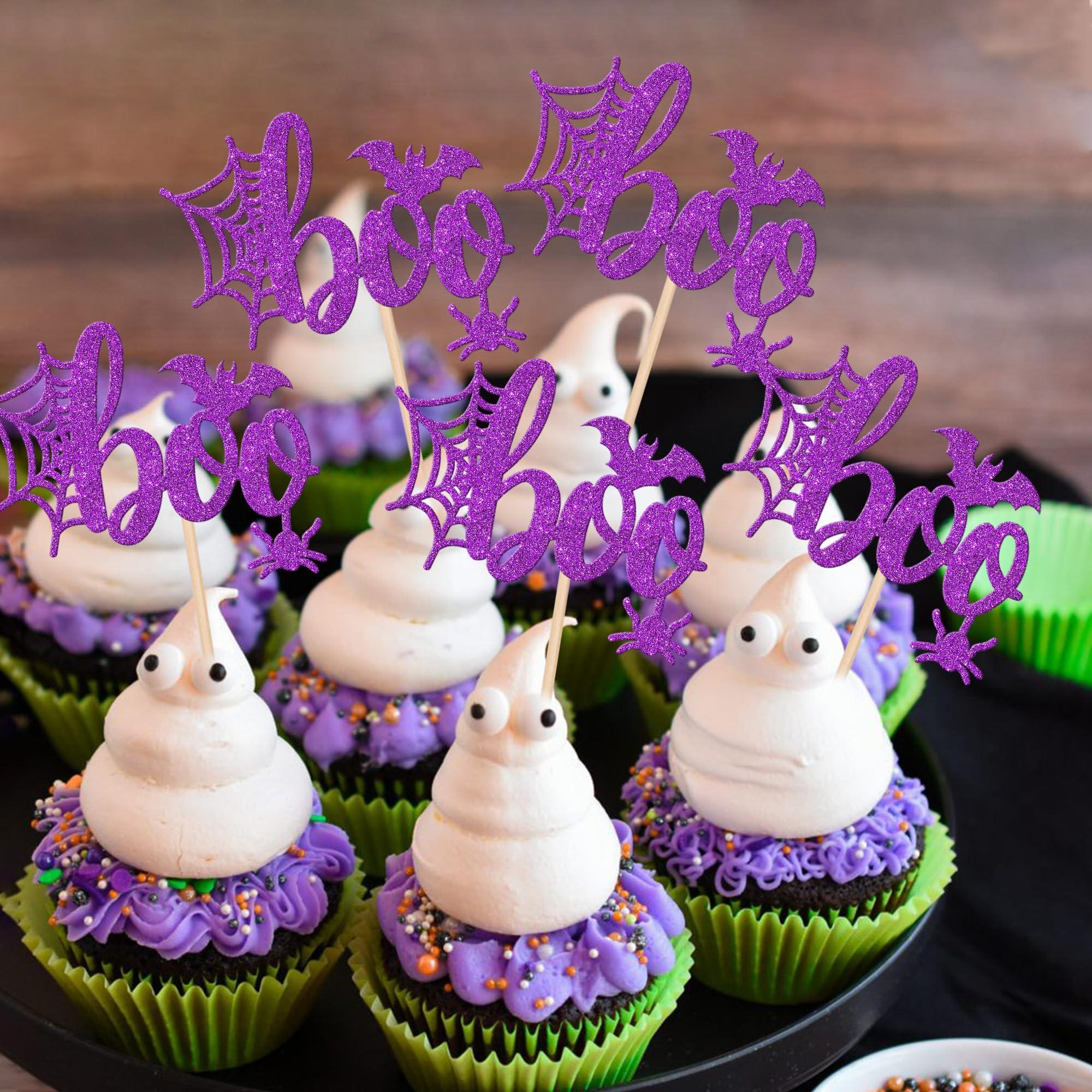 ZHUOWEISM 24 PCS Halloween Boo Cupcake Toppers Glitter Spider Web Bat Cupcake Picks for Halloween Boo Theme Baby Shower Birthday Party Cake Decorations Supplies Purple