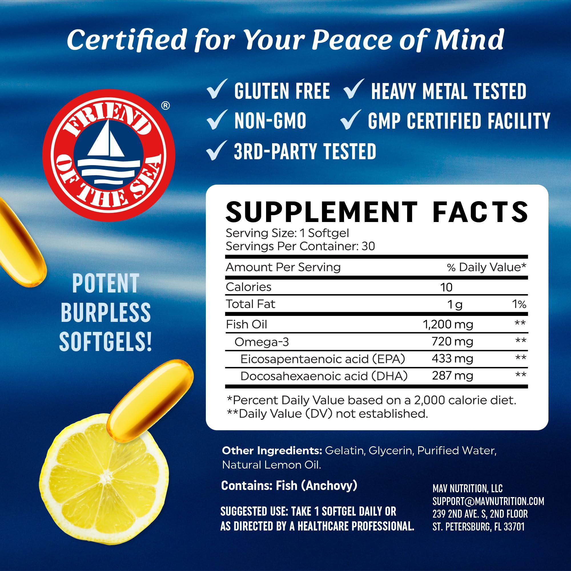 MAV NUTRITION Triple Strength Omega 3 Fish Oil 1200 mg | EPA & DHA | Wild Caught, Sustainably Sourced Omega-3 Fatty Acids | Premium Burpless Fish Oil Supplements | Non-GMO, Third-Party Tested | 30 Softgels