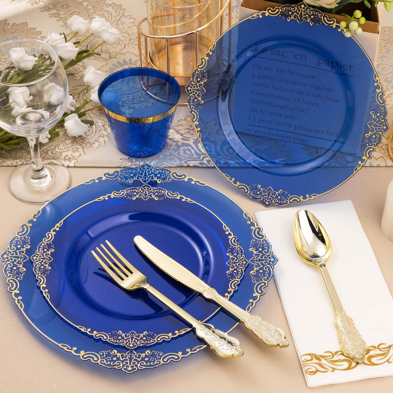 Bestluck Bestluck 350PCS Clear Blue Plastic Plates for 50 Guests, Disposable Plates with Gold Trim include 50 Dinner plates, 50 Dessert Plates, 150 Gold Silverware, 50 Cups, 50 Napkins for New Years Eve