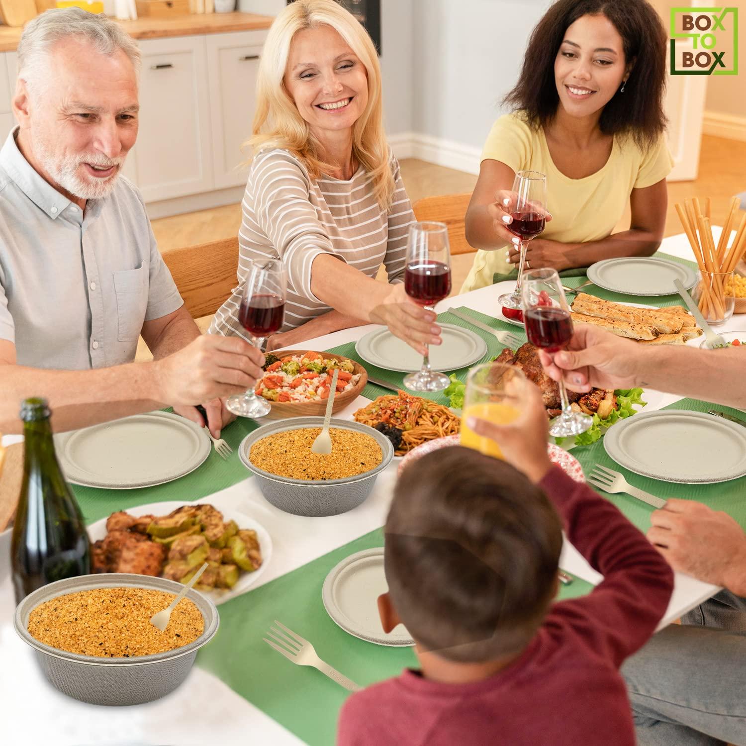 Generic BOX TO BOX Set of 200 pcs Disposable Plates, Paper Bowls, Small Paper Plates and Compostable Utensils. Heavy Duty Paper Plates. Party Plates. Ecofriendly and Biodegradable Plates. Bulk Paper Plates