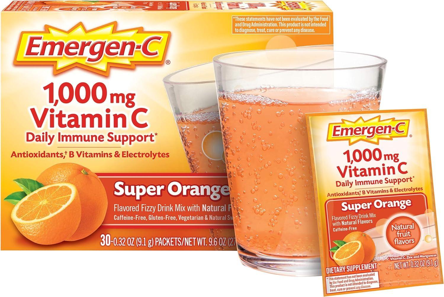 Emergen-C Emergen-C 1000mg Vitamin C Powder for Daily Immune Support Caffeine Free Vitamin C Supplements with Zinc and Manganese, B Vitamins and Electrolytes, Super Orange Flavor, 0.32 Ounce (Pack of 30)