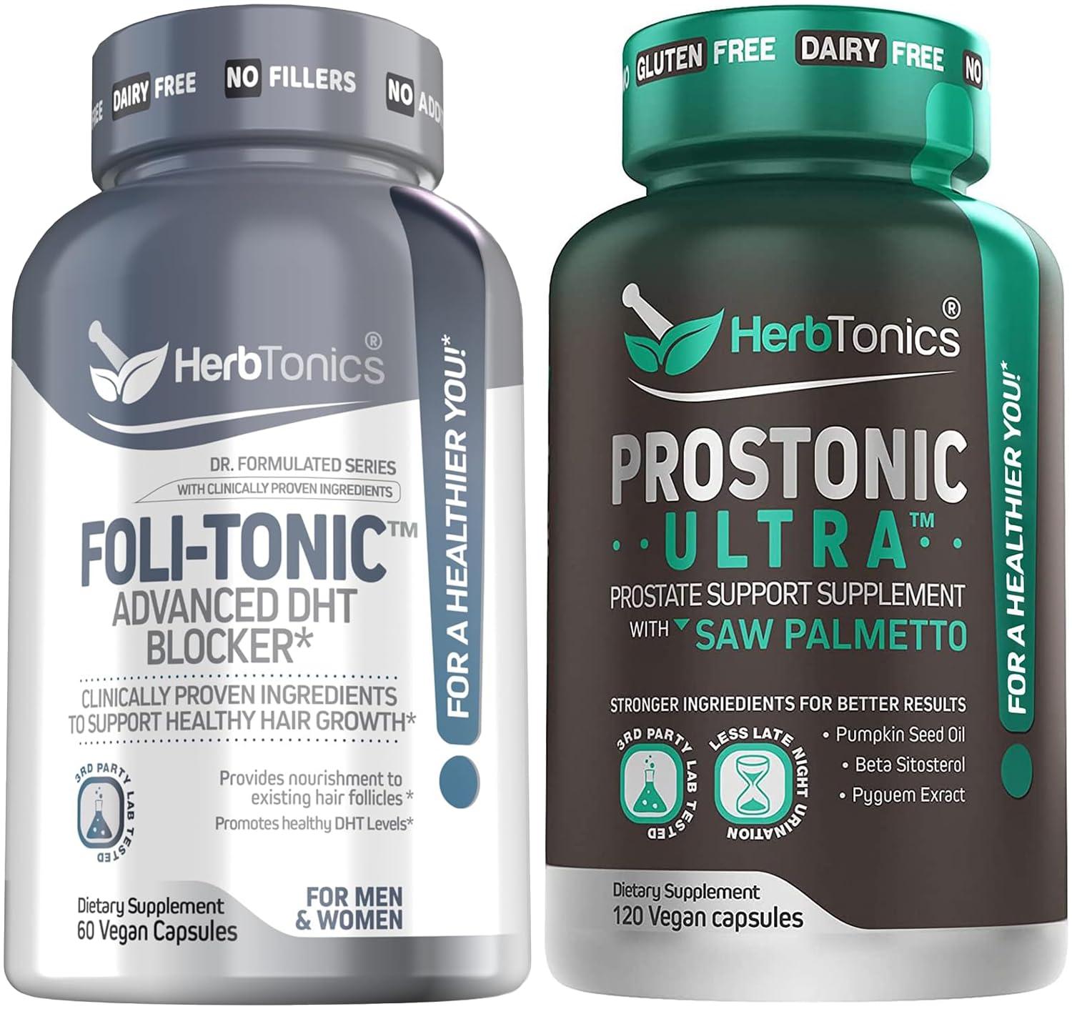 Herbtonics Foli-Tonic DHT Blocker & Hair Loss Supplement | Hair Thinning Treatment & Promotes Healthy Thicker Hair Growth - Prostate Support Supplement for Men\'s Health - Saw Palmetto & Beta Sitosterol Formula