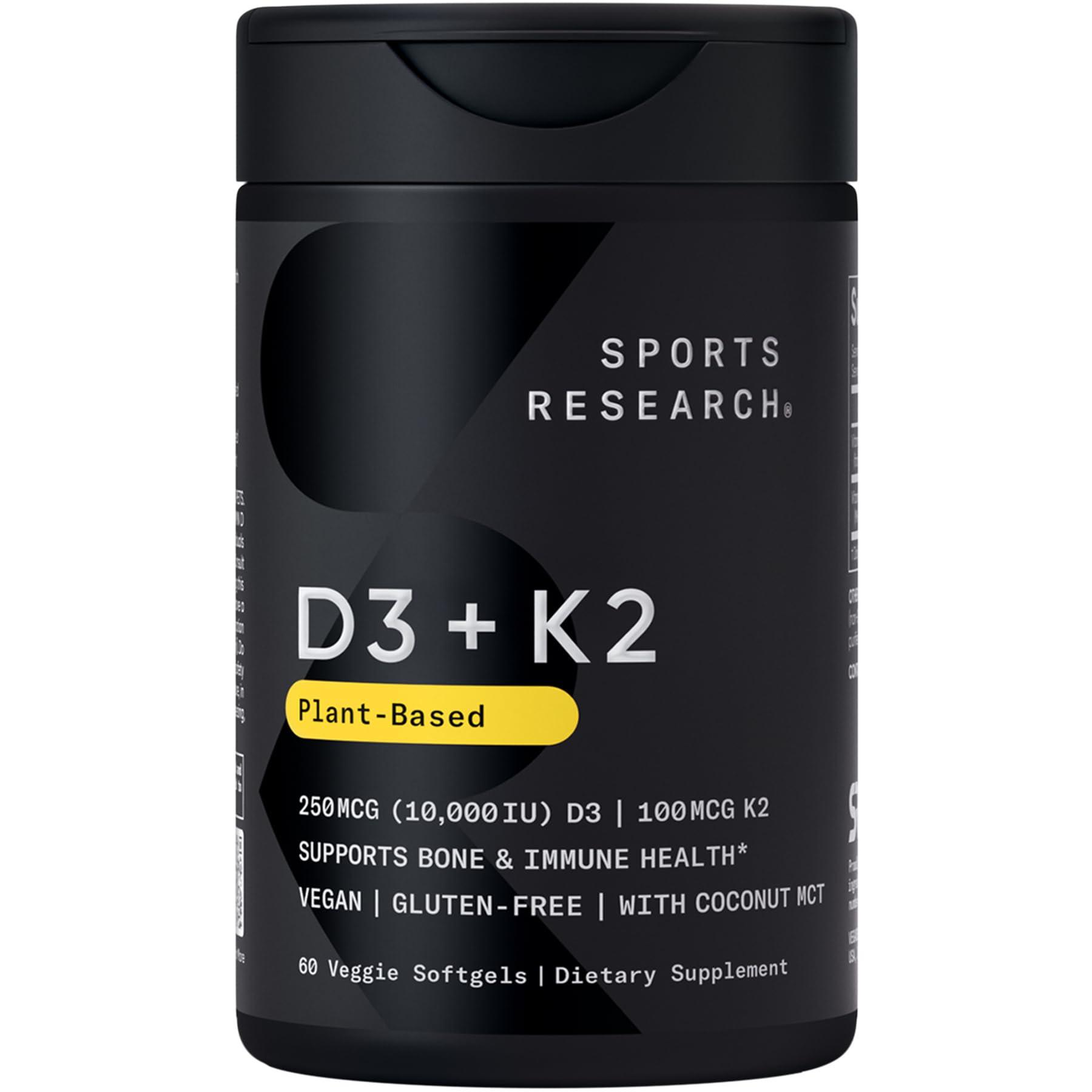 Sports Research Sports Research Vegan D3 10,000iu with Vitamin K2 100mg - Formulated with Coconut MCT Oil - Vegan Certified, Soy & Gluten Free - 60 Softgels