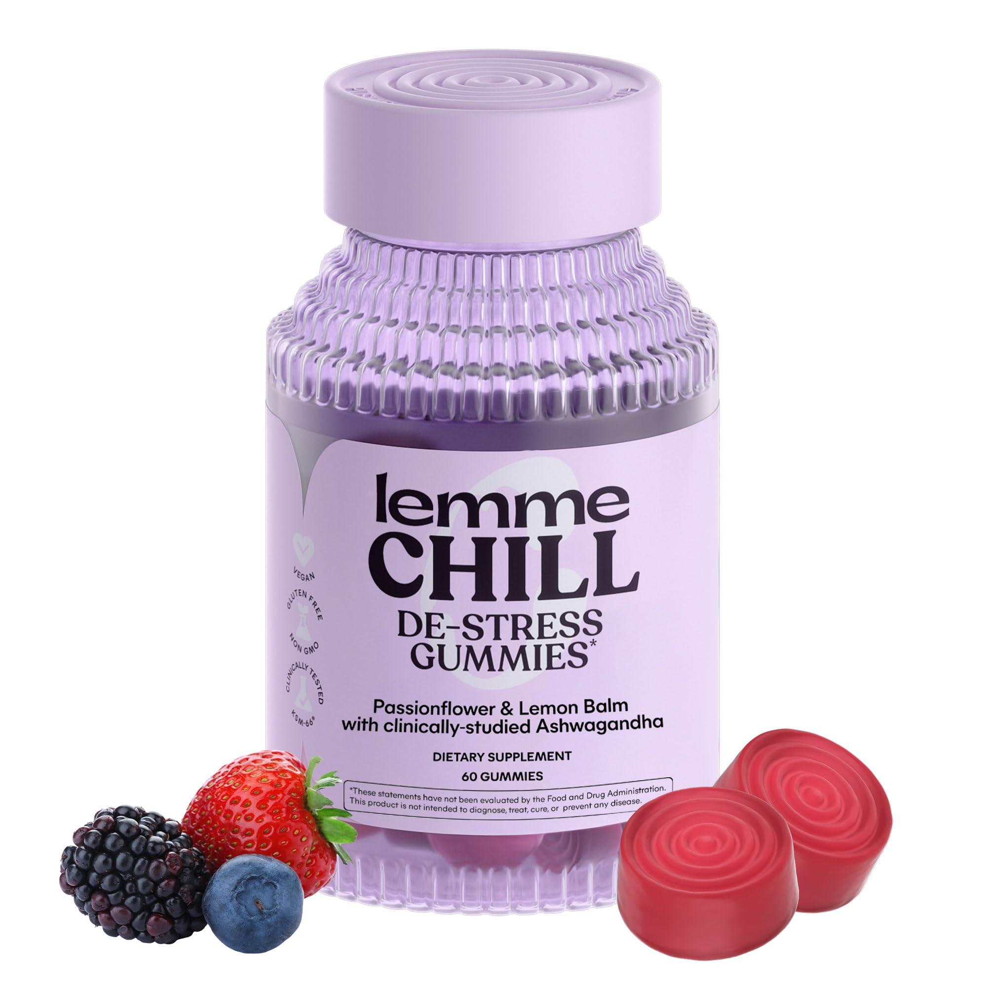 Lemme Lemme Chill Stress Relief Gummies with 300mg KSM-66 Ashwagandha, Lemon Balm, Passionflower & Goji to Support Relaxation, Healthy Cortisol & Sleep - Vegan, Gluten-Free, Non-GMO, Mixed Berry (60 Count)