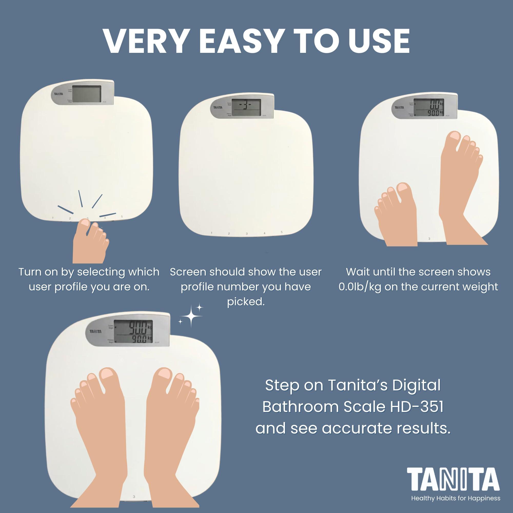 TANITA Tanita HD-351 Japan Technology Digital Bathroom Weight Scale- 440 lbs Capacity - Accurate & Precise with 5 Multi-User Convenience, Previous & Current Weight Memory - 2\" Easy to Read Large Display