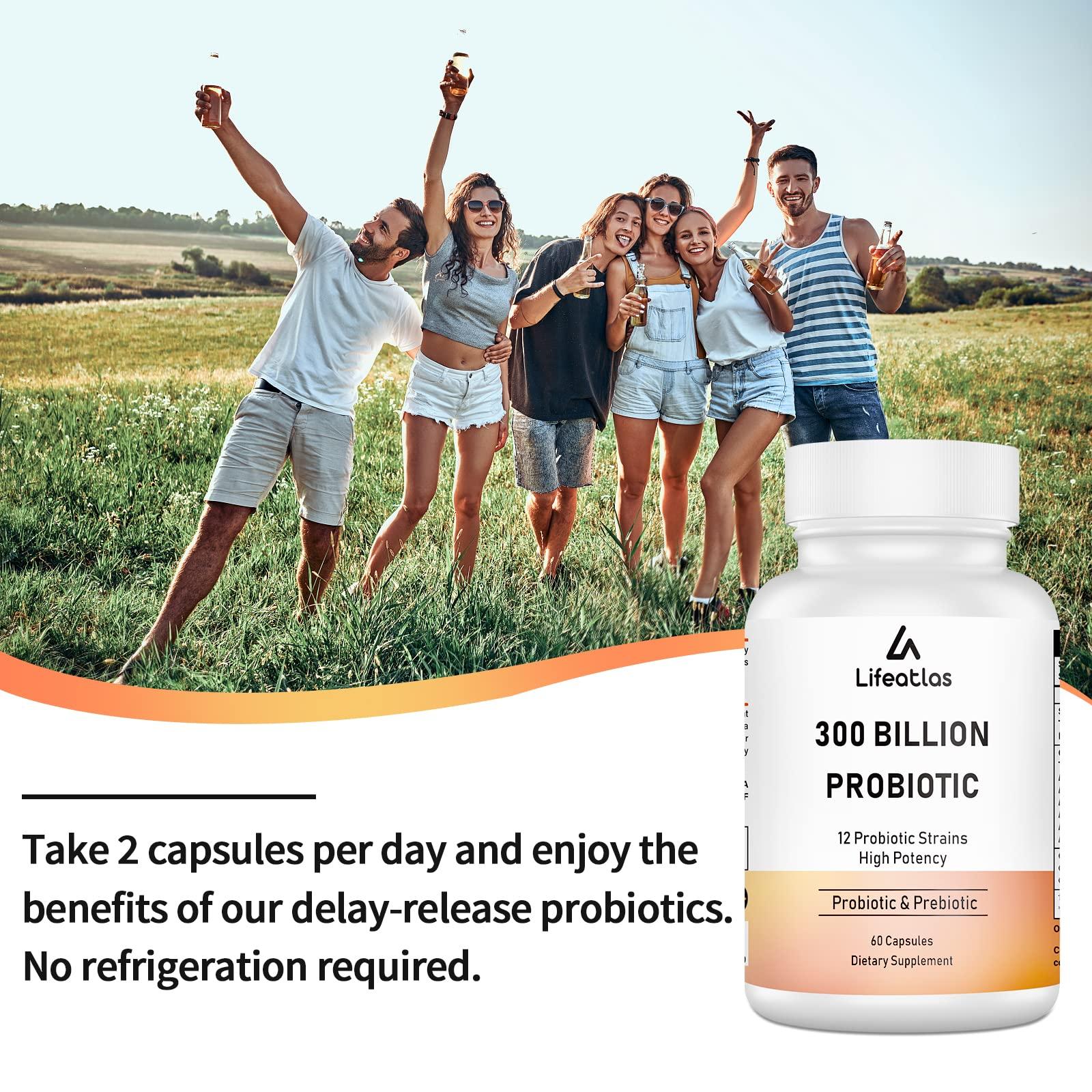 Lifeatlas 300 Billion CFU Probiotics - Probiotics for Women and Men, 12 Probiotic Strains Plus Prebiotic, for Immune & Digestive, Gut Health, Gas Bloating, Shelf Stable - 60 Capsules