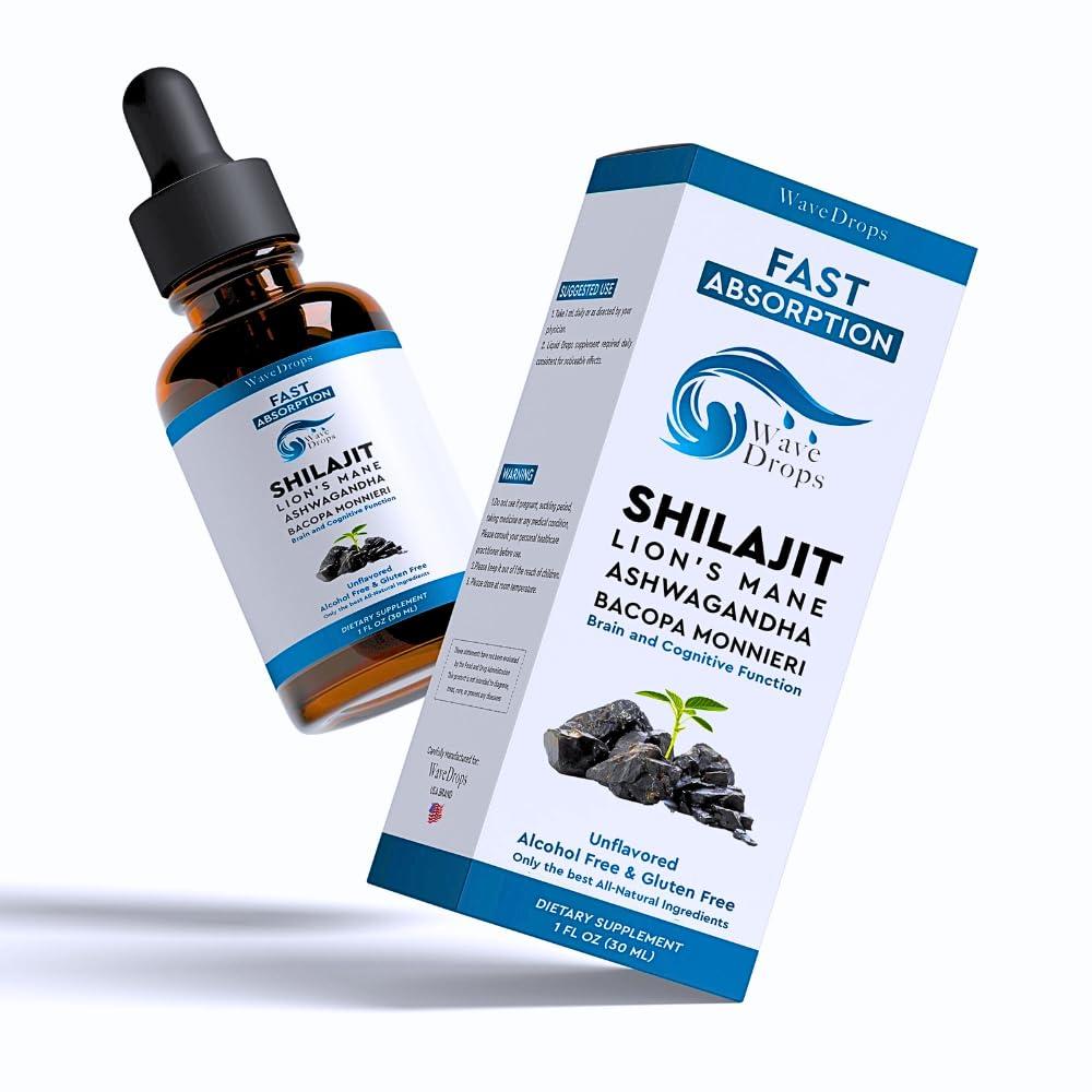 Wave Drops Lion\'s Mane - Shilajit - Ashwagandha - Bacopa Monnieri Liquid Drops | for Stress, Memory Booster,Focus | All Natural Ingredients 1Fl Oz (1)