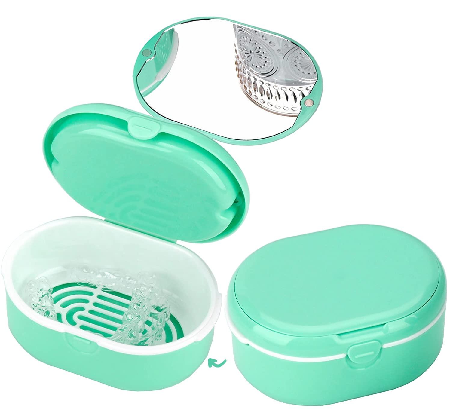 MURRI&MURRDI MURRI&MURRDI Retainer Case, Denture Bath Box with Strainer Basket, Mouth Guard Case, Braces Cleaner Cup, Cute Denture Holder Storage Soak Container for Travel Cleaning (D Green)