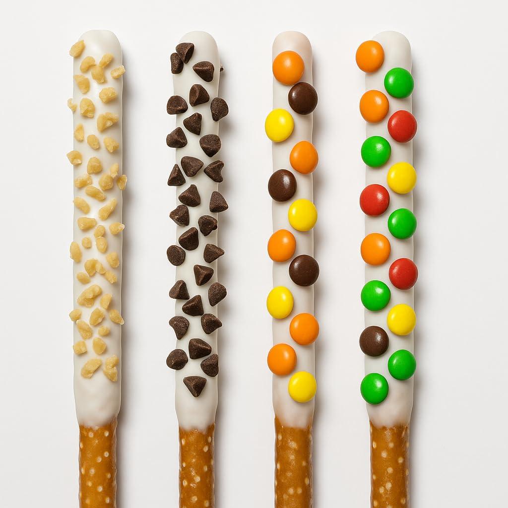 The Brittle Box Candy Co White Chocolate Covered Pretzel Rods Individually Wrapped 20 Piece Assorted Toppings