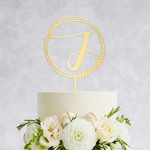 Vinisong Personalized Letter J Cake Topper, Vinisong Rustic Wedding Cake Topper Initial Cake Topper Monogram Cake Topper Wreath Design Cake Decoration Gold Acrylic Cake Decor Party Decoration