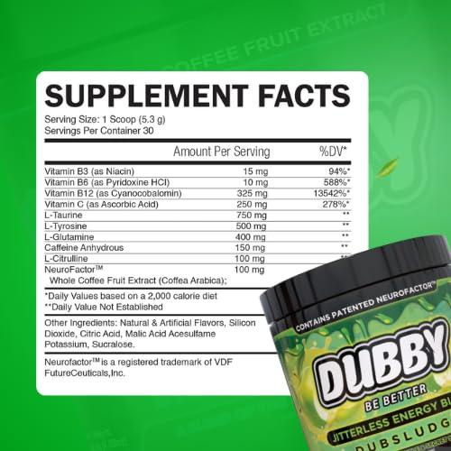 Dubby Dubby - Gamer Energy Drink Powder for Gaming - Sugar Free Energy Drinks, Nootropics Jitter-Free Natural Energy Powder, Green Apple and Secret Sauce Flavor, 30 Serving, 5.61 Ounces (DubSludge)
