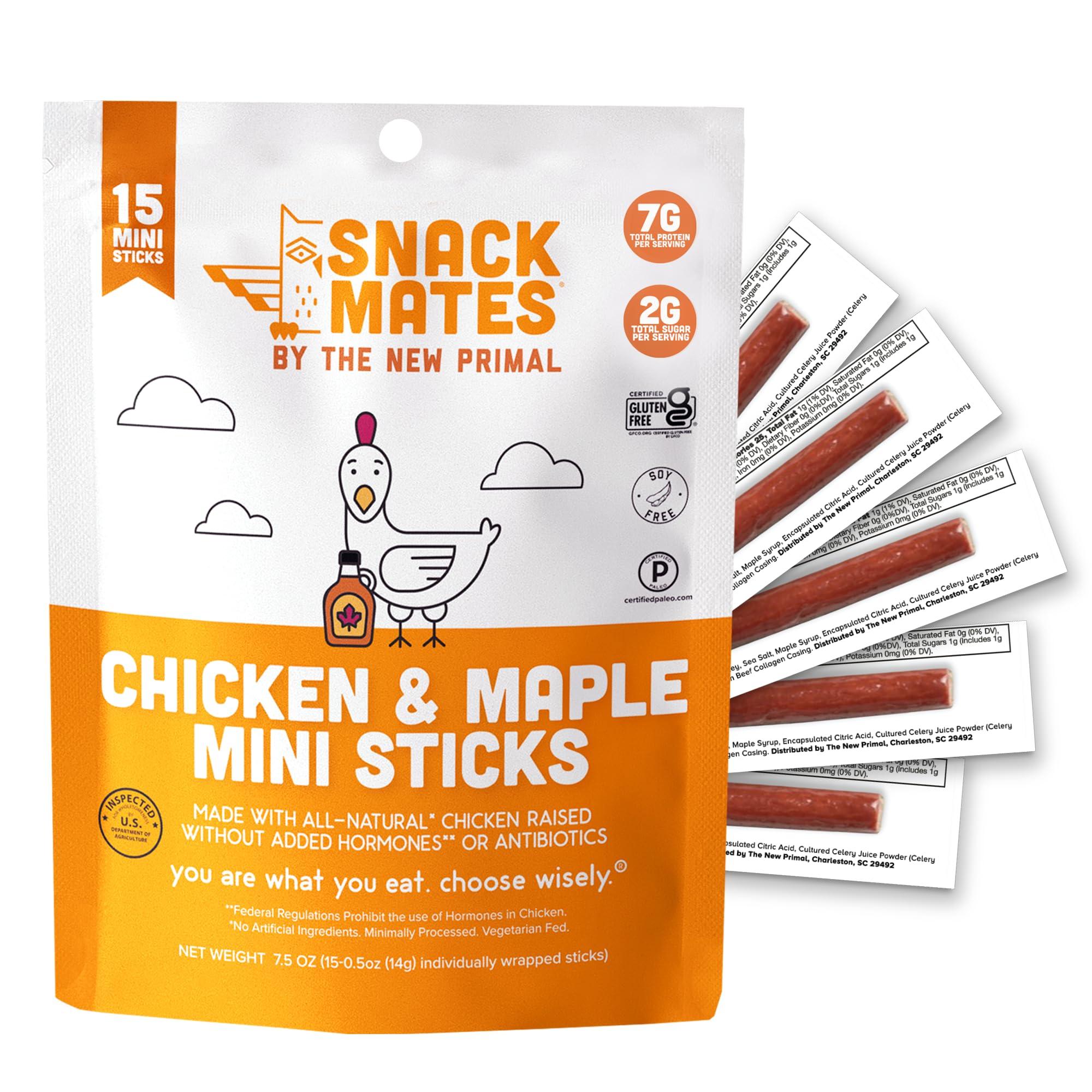 The New Primal The New Primal Snack Mates Chicken & Maple Sticks, Gluten Free Healthy Snacks for Kids, Low Sugar High Protein Back to School Snacks, Mini Paleo Jerky Meat Stick, 7g Protein, 50 Calories, 15 Pack