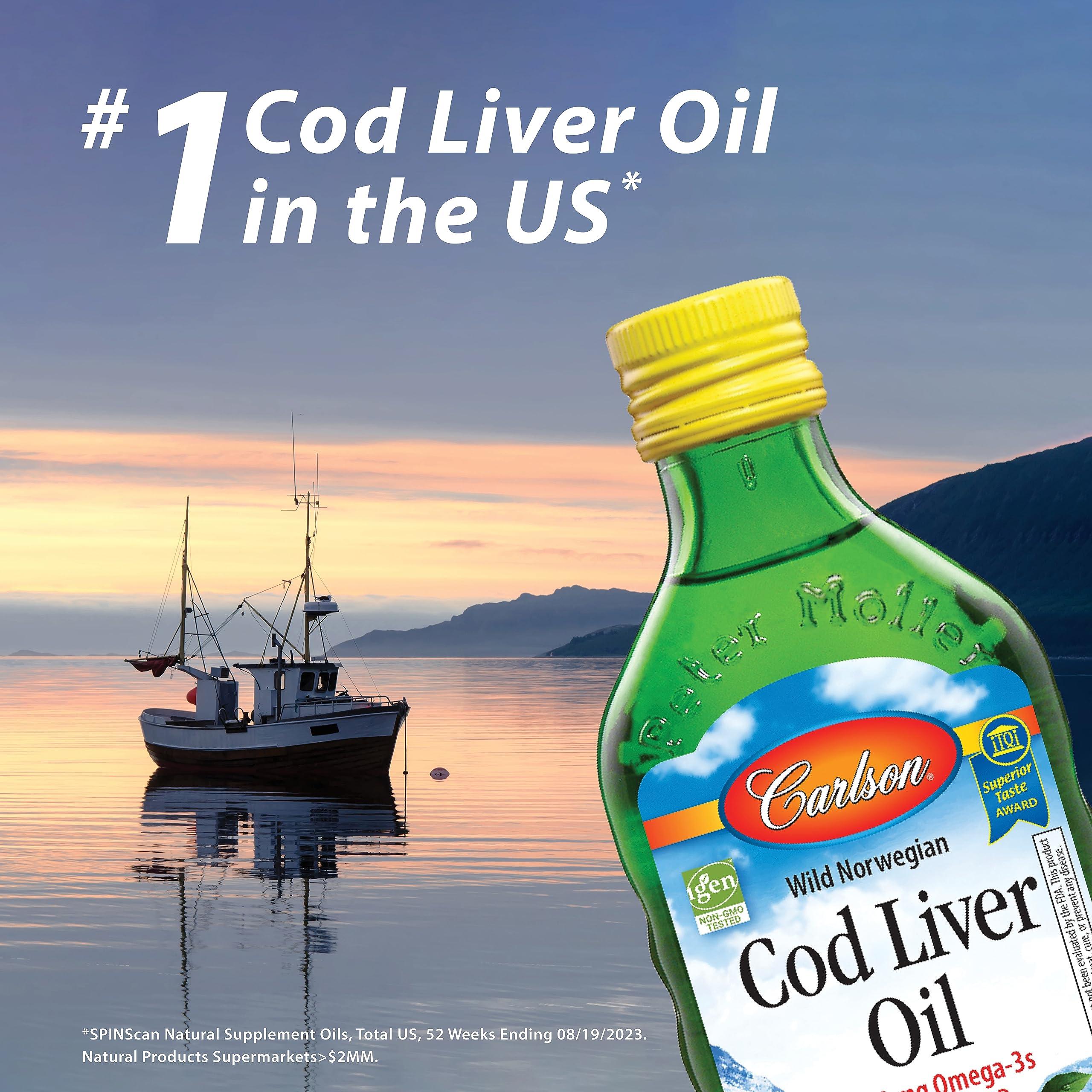 Carlson Carlson - Kid\'s Cod Liver Oil, 550 mg Omega-3s, Plus Vitamins A and D3, Liquid Fish Oil, Wild Caught Norwegian Arctic Cod, Sustainably Sourced Nordic Fish Oil, Green Apple, 250 mL (8.4 Fl Oz)