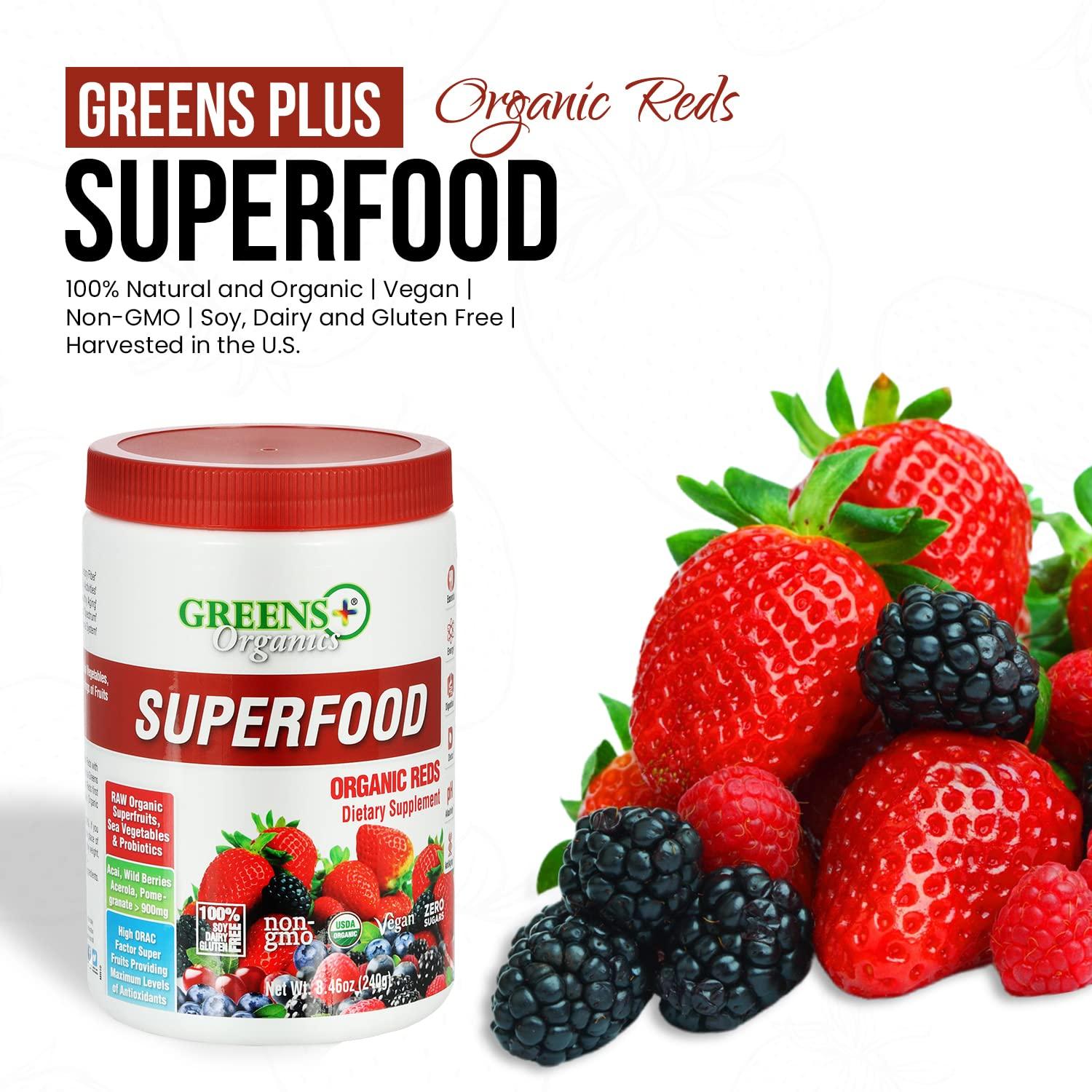 Greens+ Greens+ Organic Reds Superfood Powder, Antioxidant, Polyphenol, Blend for Morning Kick, Energy, Vitality Boost, Nutrition, Vibrant Health, Vegan Soy/Dairy/Gluten Free(8.46oz)