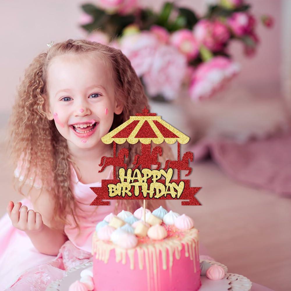 Bejotaa Bejotaa Carousel Happy Birthday Cake Topper Glitter Vintage Circus Happy Birthday Cake Topper Carnival Themed Zoo Animals Birthday Cake Decorations, Baby Shower, Kids Birthday Party Decorations