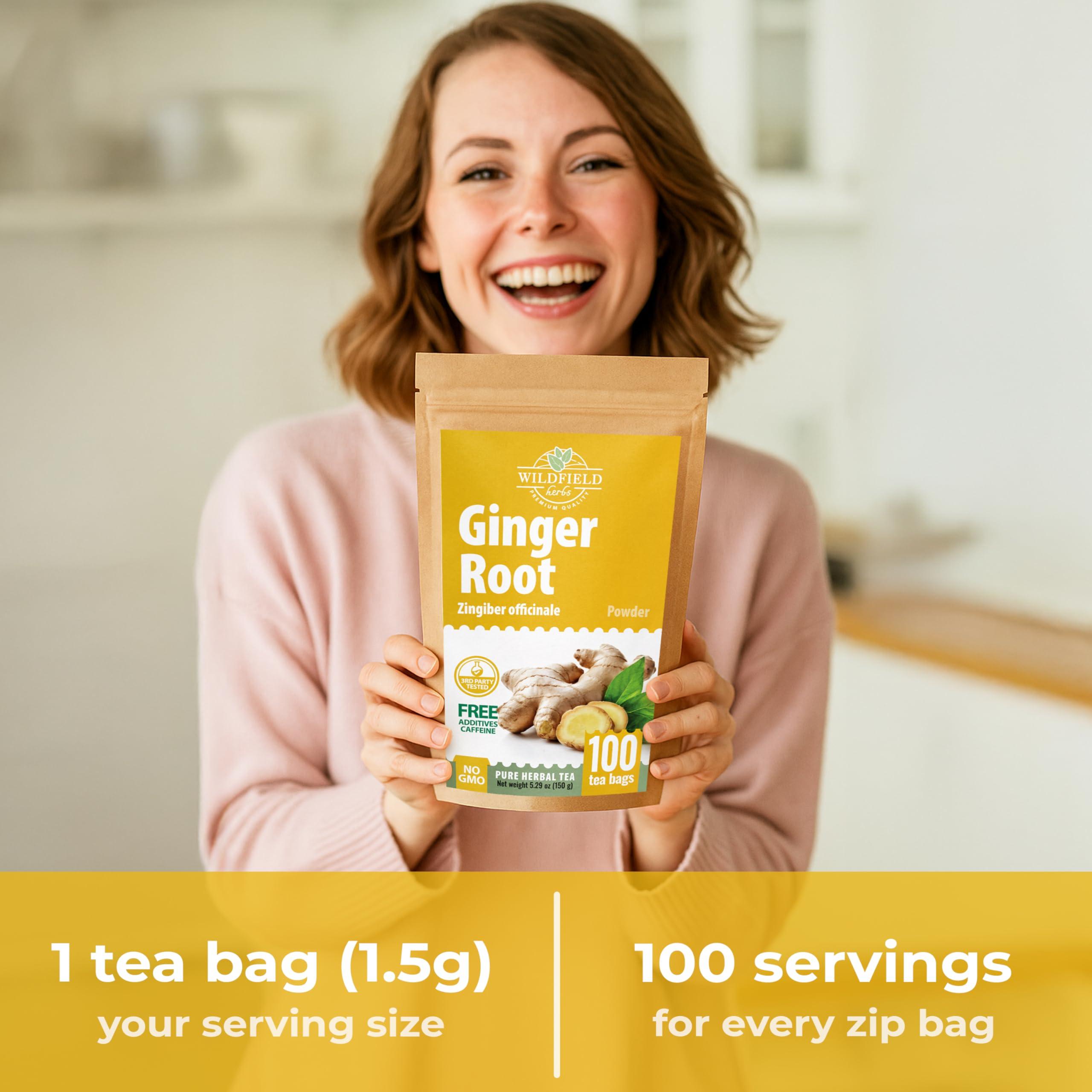 WILDFIELD HERBS 100 Ginger Tea Bags Ginger Root Tea Dry Dried Herb (Zingiber officinale) - 100 Count 1.5g Tea Bags Ginger Raz de jengibre