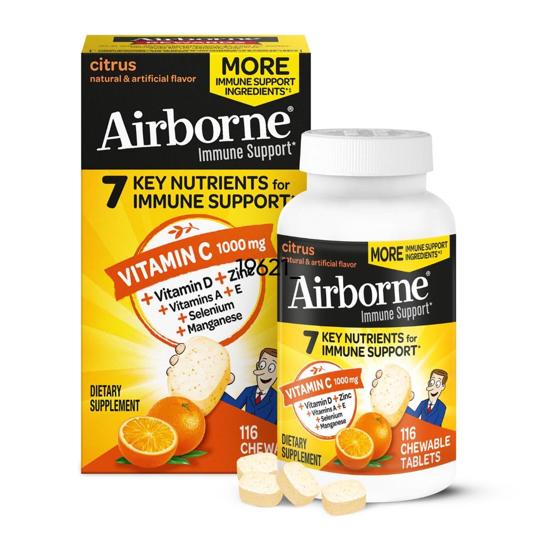 Airborne Airborne 1000mg Vitamin C + Zinc Immune Support Supplement Chewable Tablets, Citrus Flavor with Powerful Antioxidants Vitamins A C & E, 116 Chewable Tablets (2 Pack)