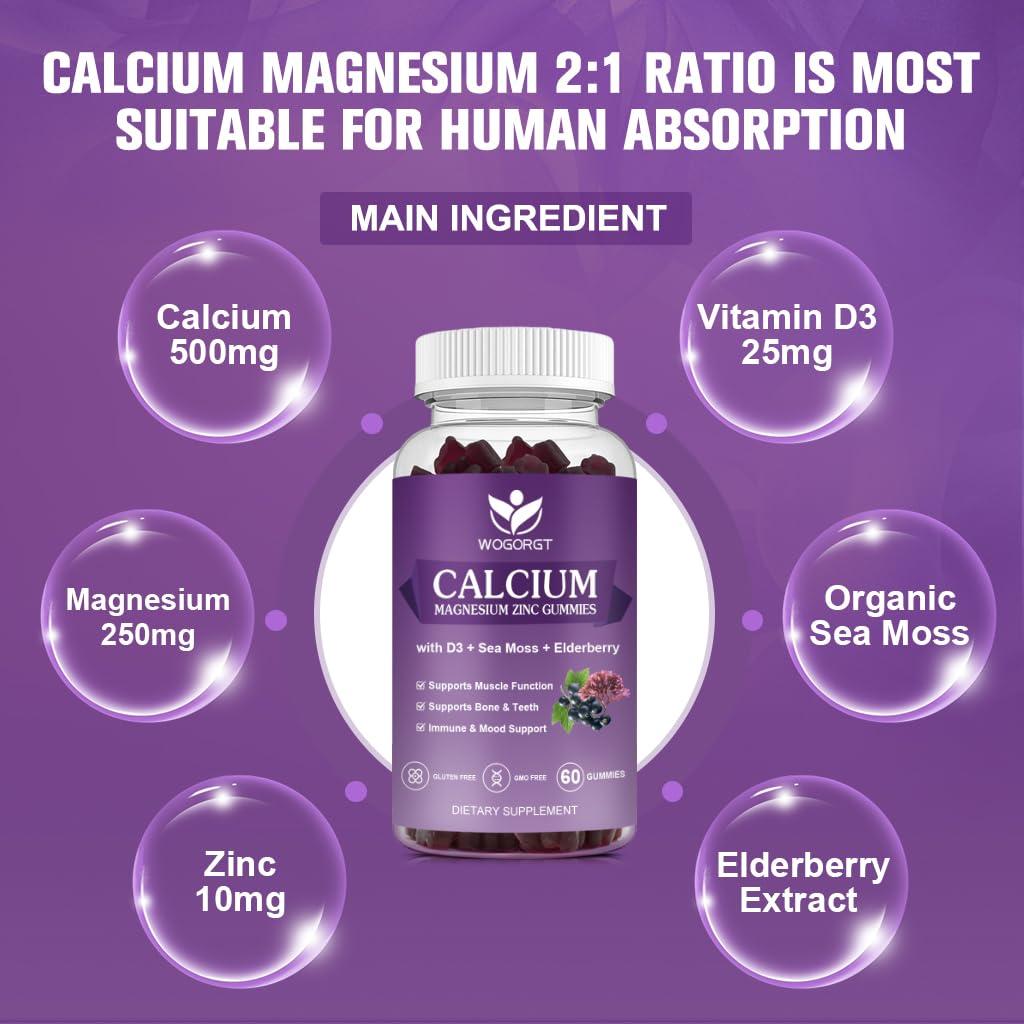 WOGORGT Calcium Magnesium Zinc Gummies with Vitamin D3 - High Absorption Complex Calcium Supplement with Sea Moss, Elderberry for Bone, Muscles, Immune, Mood & Sleep Support, Vegan - 60 Gummies (2 Pack)