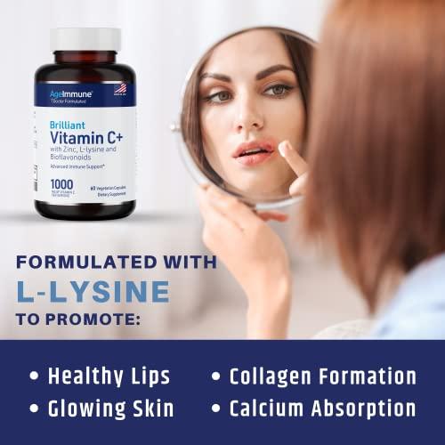 AgeImmune Vitamin C 1000mg Complex with L-Lysine 500mg, Zinc Gluconate 12mg, Bioflavonoids 300mg. Doctor Formulated Magnesium Stearate Free Supplements for Healthy Immune System Support. Two Bottles.(2)