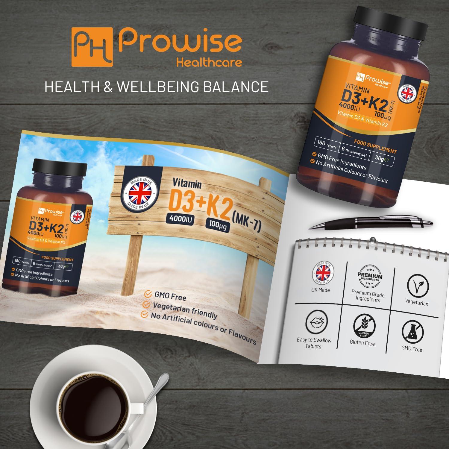 PH PROWISE Healthcare Vitamin D3 4000IU & K2 MK7 100g Vegetarian Tablets I 180 (6 Months Supply) I Easy to Swallow Supplement for Immune Support, Calcium Boost, Bone & Muscle I Made in The UK by Prowise Healthcare