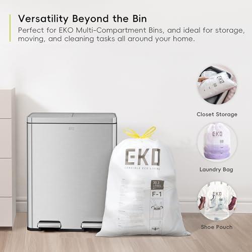 EKO EKO Size F-1 Bin Liners For Dual Compartment Kitchen Bins - 18-28 Litre Capacity - Extra Strong Bags with Drawstring Tie Handles - 20 Bags, White