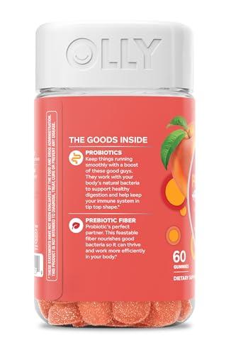 OLLY OLLY Probiotic + Prebiotic Gummy, Digestive Support and Gut Health, 500 Million CFUs, Fiber, Adult Chewable Supplement for Men and Women, Peach, 30 Day Supply - 60 Count