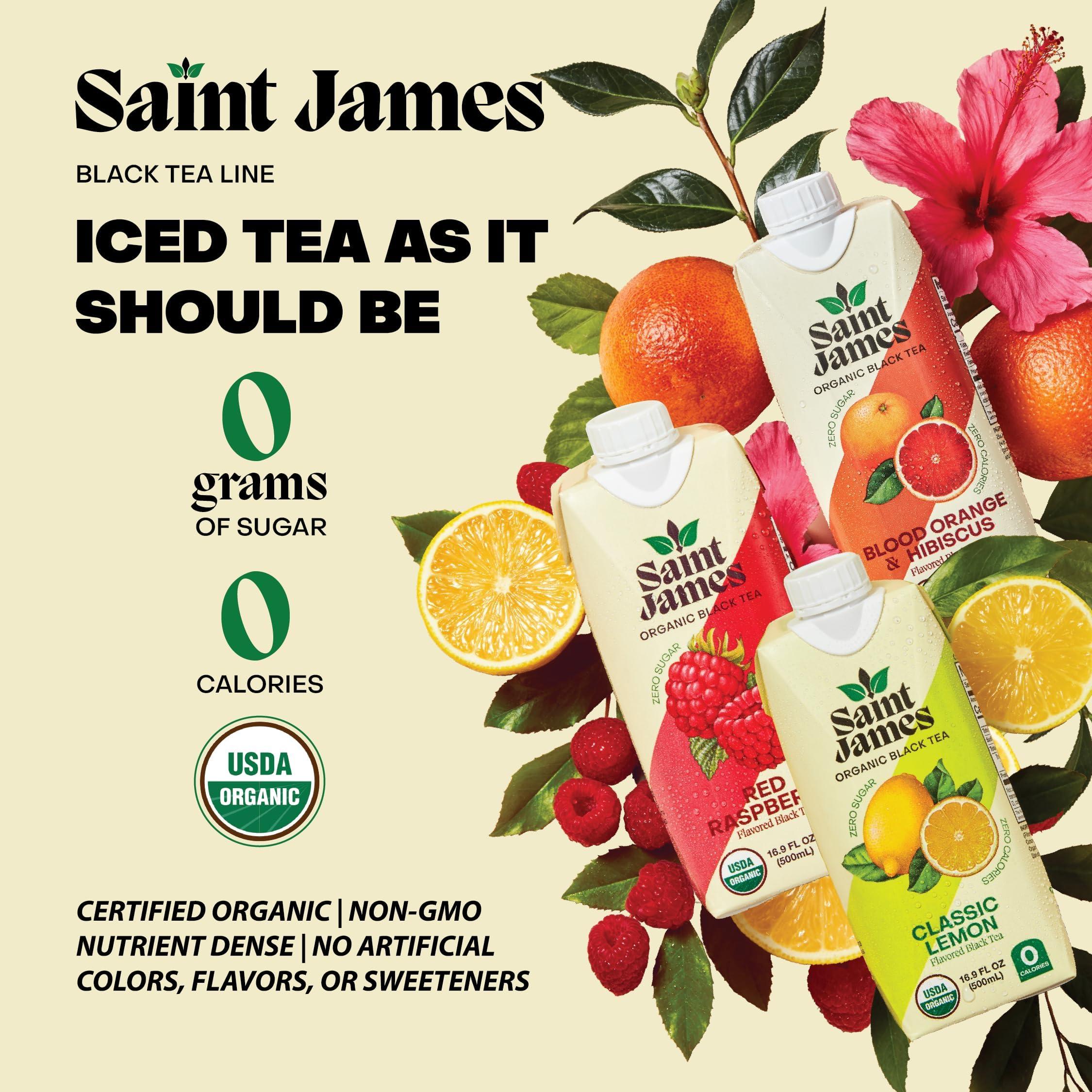 Saint James Brands Saint James Organic Black Tea, Classic Lemon, Zero Sugar, Kosher, USDA Certified Organic, 16.9 Fluid Ounce (Pack of 12)