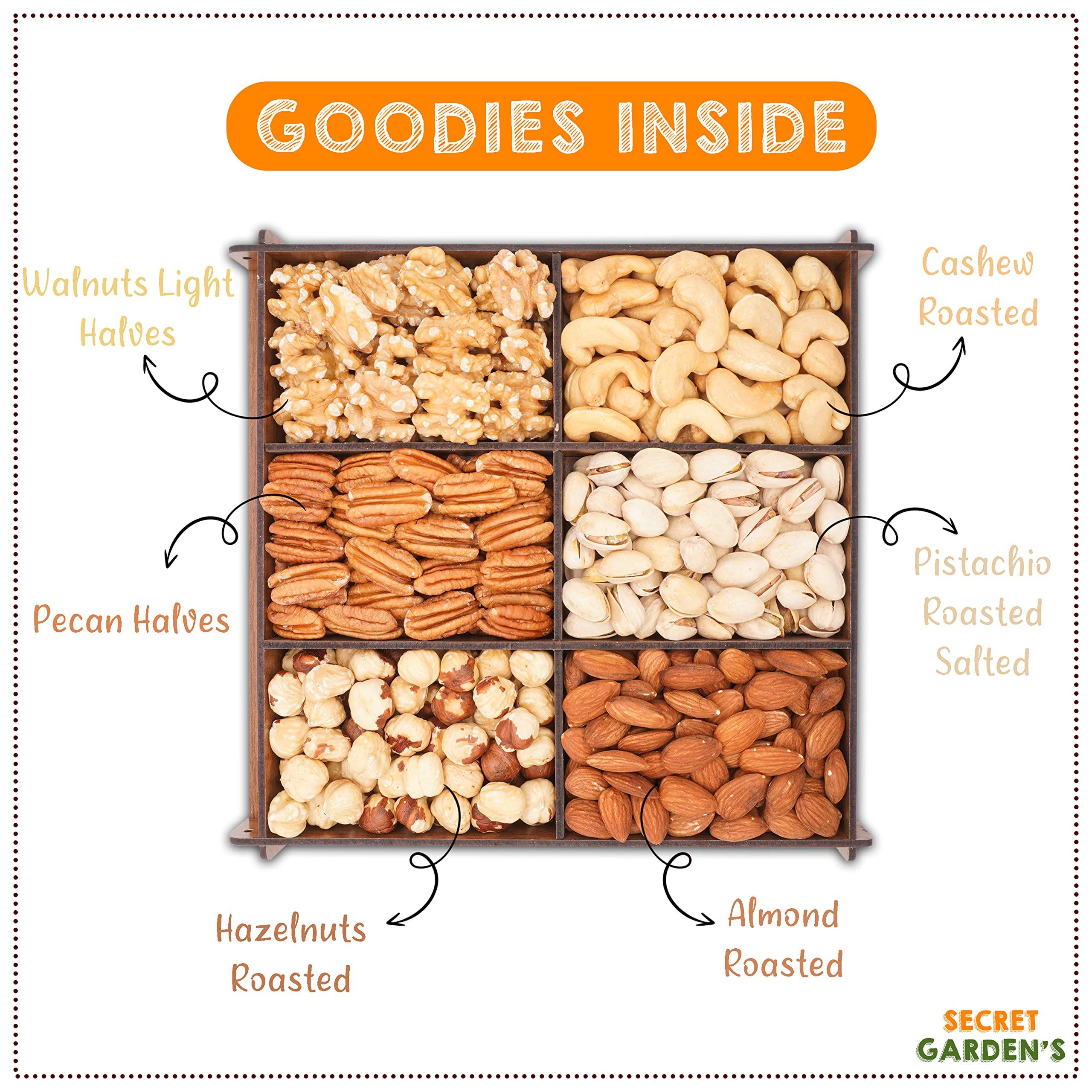 Secret Garden\'s Monogrammed Gift Basket, Mixed Nuts Gift in Reusable Wooden Tray, Business Present, Gourmet Assortment Tray, Birthday Gift for Mom, Sympathy, Mom, Dad, Variety Snacks Box, Husband