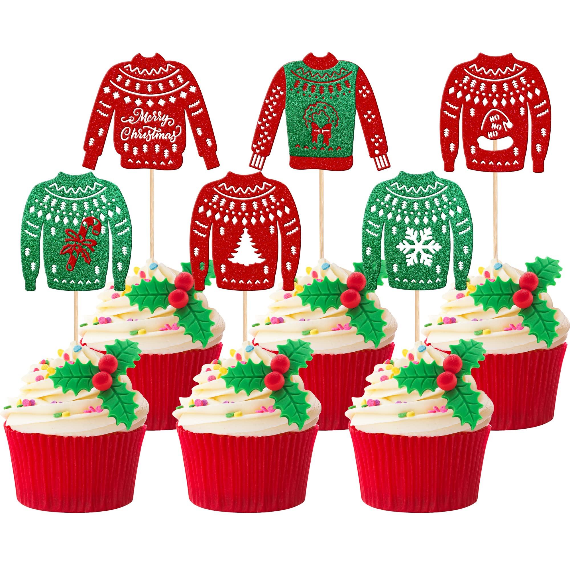 ZHUOWEISM 36 PCS Christmas Ugly Sweater Cupcake Toppers Green Red Glitter Santa Claus Gifts Christmas Tree Deer Snowflake Cupcake Picks for Merry Christmas Theme Holiday Party Cake Decorations Supplies