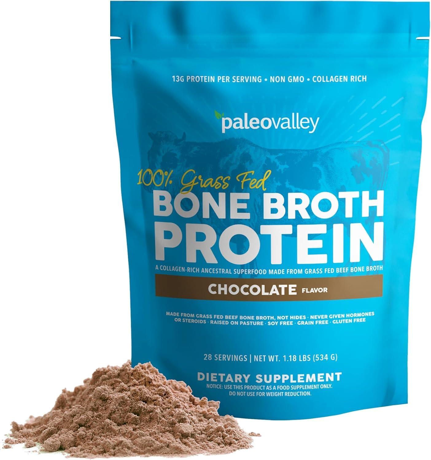 Paleovalley Paleovalley 100% Grass Fed Bone Broth Protein Powder - Chocolate - Rich in Collagen for Hair, Skin, Gut Health, Bone and Joint Support - 28 Servings