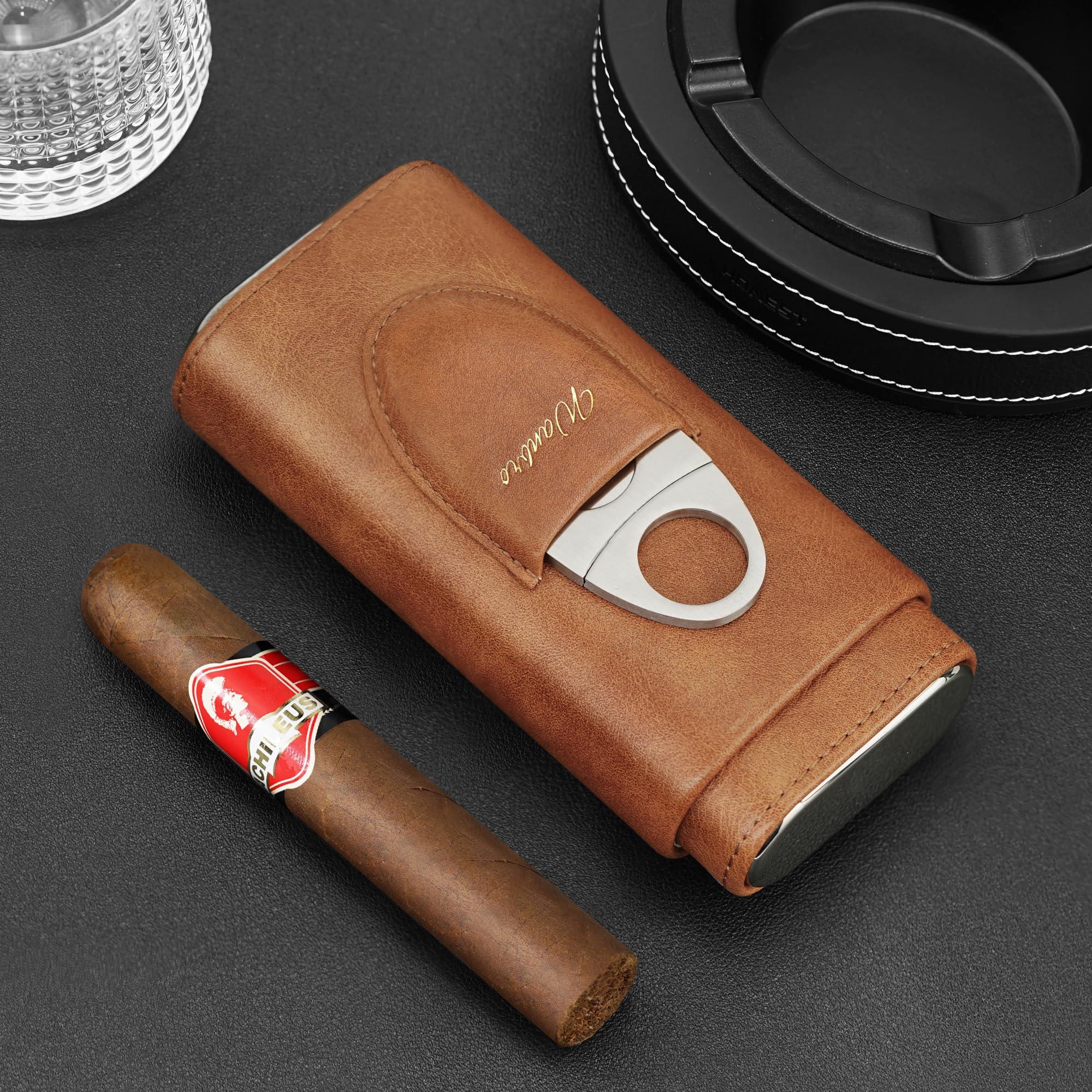 wanbro wanbro Cigar Case, 3pcs Holder, Cigars Travel Case, Cedar Lined, Leather Made Cigar Humidor with Stainless Cutter, Christmas gift for men dad