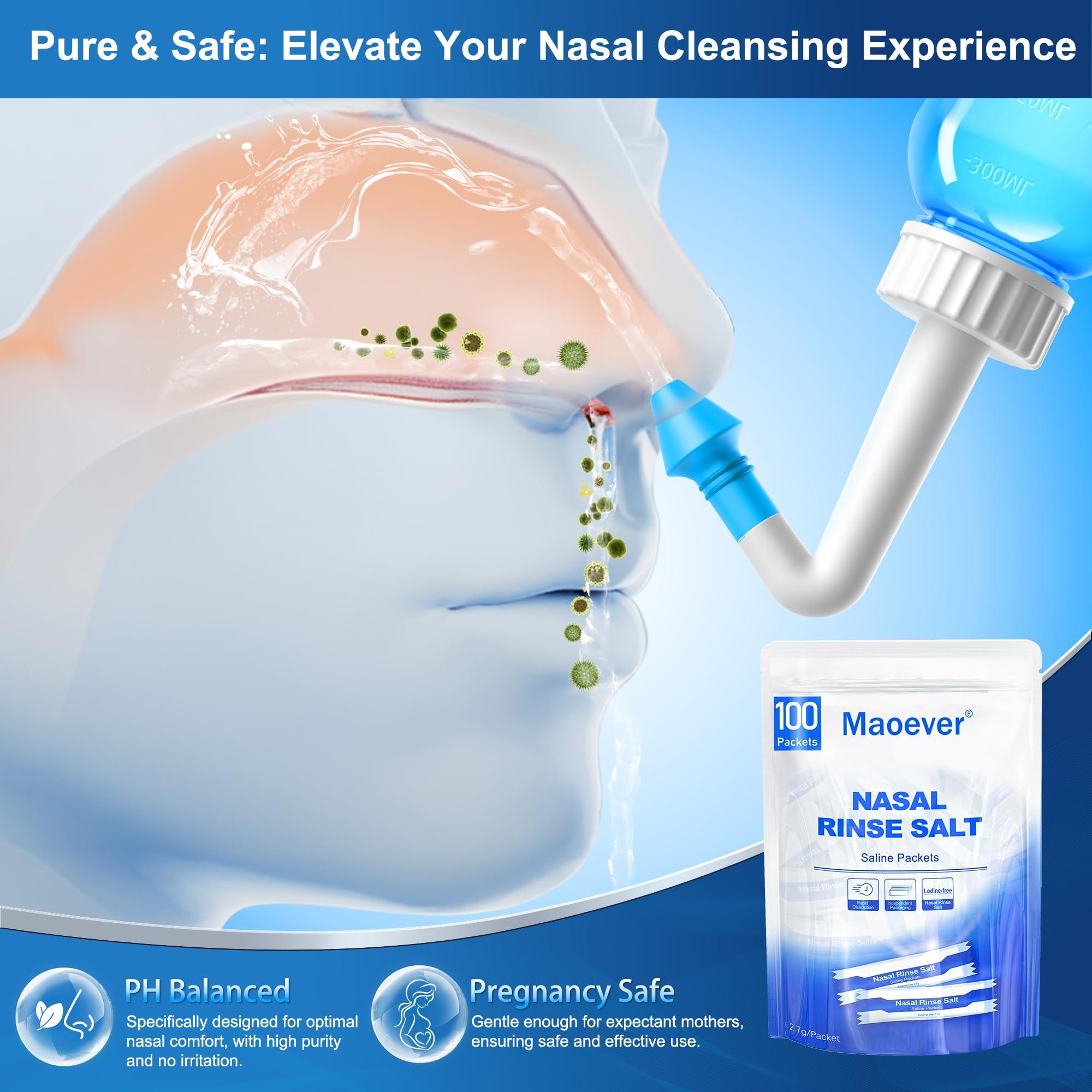 MAOEVER MAOEVER Neti Pot with 130 Nasal Wash Salt Packets Sinus Rinse Bottle Nose Wash Cleaner Pressure Rinse Nasal Irrigation for Adult & Kid BPA Free 300 ML Sticker Thermometer