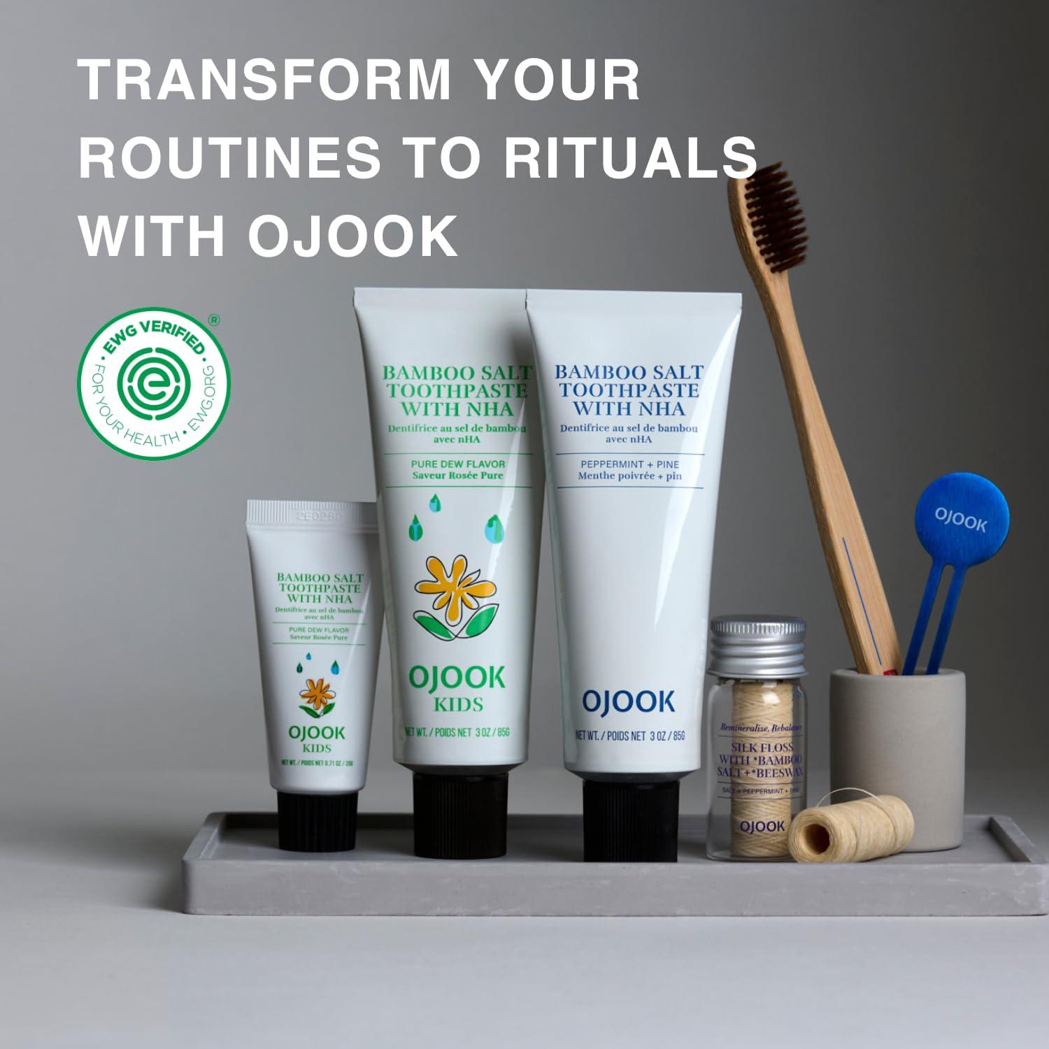 OJOOK OJOOK Kids Fluoride Free Bamboo Salt Toothpaste with nHA - Pure Dew | Nano Hydroxyapatite, Remineralizing, Strengthening Enamel for First Teeth, Safe to Swallow (3oz)