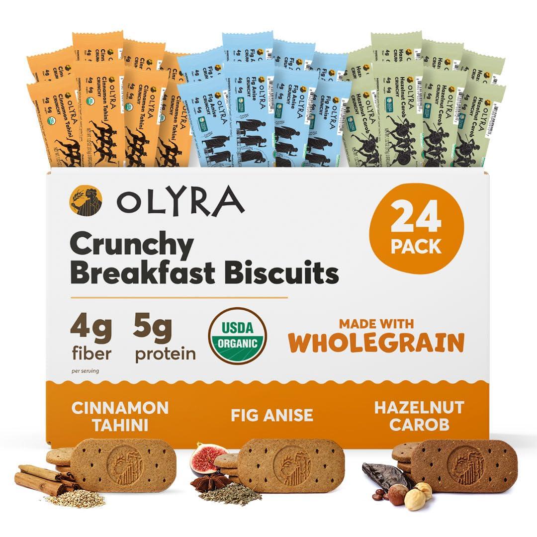 Olyra Ancient Greek Grains Olyra Variety Pack Breakfast Biscuits, Healthy Snacks for Kids and Adults, Low Sugar, High Fiber, Vegan Organic Cookies, with Ancient Greek Grains, USDA Certified Organic, Non GMO, 24 Packs